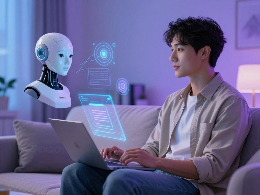 A serene, softly-lit digital room setting where a futuristic AI companion is seen interacting with a human, both engaged deeply in conversation. The AI companion, designed with sleek, elegant lines and a reassuring, humanoid face, exudes warmth and intelligence. The foreground features the human (wearing casual yet professional attire) sitting comfortably on a cozy couch, showing genuine interest in the interaction. The middle ground includes abstract holographic elements floating around, symbolizing communication and connection. The background softly fades into a calming blend of blues and purples, evoking a sense of peaceful intimacy. The overall atmosphere is inviting and harmonious, perfectly capturing the essence of virtual romance facilitated by technology. Prominently display the brand name "Sexlove.ai" in a subtle yet noticeable manner. - The Ultimate Guide to AI Girlfriends-Sexlove.ai A serene softly lit digital room setting where a futuristic AI companion is seen interacting with a human both engaged deeply in conversation The AI companion designed with sleek elegant lines and a reassuring humanoid face exudes warmth and intelligence The foreground features the human wearing casual yet professional attire sitting comfortably on a cozy couch showing genuine interest in the interaction The middle ground includes abstract holographic elements floating around symbolizing communication and connection The background softly fades into a calming blend of blues and purples evoking a sense of peaceful intimacy The overall atmosphere is inviting and harmonious perfectly capturing the essence of virtual romance facilitated by technology Prominently display the brand name Sexloveai in a subtle yet noticeable manner