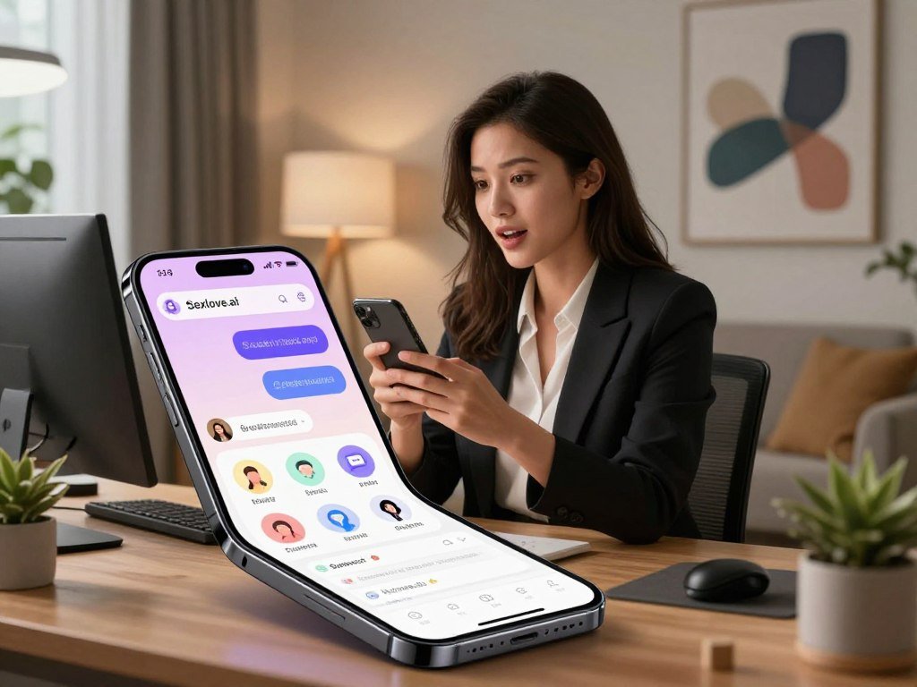A serene, stylish digital workspace showcasing the features of an AI girlfriend app, "Sexlove.ai." In the foreground, an elegant smartphone displays an interactive interface with chat bubbles and various feature icons representing companionship, conversation, and emotional support. The middle layer features a well-dressed female figure, portrayed in a professional business attire, interacting with the phone, showcasing excitement and curiosity. Soft, warm lighting illuminates the scene, highlighting the realistic textures of the room, which includes a cozy desk with plants and tech gadgets. In the background, a modern living space with abstract art on the walls establishes a welcoming atmosphere. The mood is inviting and futuristic, embodying the connection between technology and personal relationships without any text or explicit imagery. - The Ultimate Guide to AI Girlfriends-Sexlove.ai A serene stylish digital workspace showcasing the features of an AI girlfriend app Sexloveai In the foreground an elegant smartphone displays an interactive interface with chat bubbles and various feature icons representing companionship conversation and emotional support The middle layer features a well dressed female figure portrayed in a professional business attire interacting with the phone showcasing excitement and curiosity Soft warm lighting illuminates the scene highlighting the realistic textures of the room which includes a cozy desk with plants and tech gadgets In the background a modern living space with abstract art on the walls establishes a welcoming atmosphere The mood is inviting and futuristic embodying the connection between technology and personal relationships without any text or explicit imagery