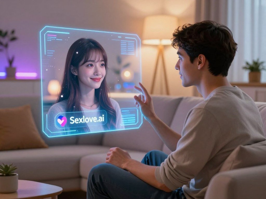 A serene virtual environment depicting a cozy, futuristic living space where an AI girlfriend simulator is interacting with a user. In the foreground, a young professional man, dressed in modest casual attire, is seated on a soft, modern couch, gazing intently at a holographic AI representation of a girlfriend. She appears warm and inviting, with expressive eyes and a gentle smile, radiating a comforting aura. In the middle, the hologram displays vibrant colors with subtle sparkles, symbolizing emotional connection and realism. The background features soft lighting, with ambient neon accents creating a relaxed atmosphere, reminiscent of a friendly, technological haven. The overall mood is intimate and engaging, highlighting the theme of emotional connection in virtual interactions. The logo "Sexlove.ai" subtly integrated into the design, complements the futuristic concept without overshadowing the scene. - The Ultimate Guide to AI Girlfriends-Sexlove.ai A serene virtual environment depicting a cozy futuristic living space where an AI girlfriend simulator is interacting with a user In the foreground a young professional man dressed in modest casual attire is seated on a soft modern couch gazing intently at a holographic AI representation of a girlfriend She appears warm and inviting with expressive eyes and a gentle smile radiating a comforting aura In the middle the hologram displays vibrant colors with subtle sparkles symbolizing emotional connection and realism The background features soft lighting with ambient neon accents creating a relaxed atmosphere reminiscent of a friendly technological haven The overall mood is intimate and engaging highlighting the theme of emotional connection in virtual interactions The logo Sexloveai subtly integrated into the design complements the futuristic concept without overshadowing the scene