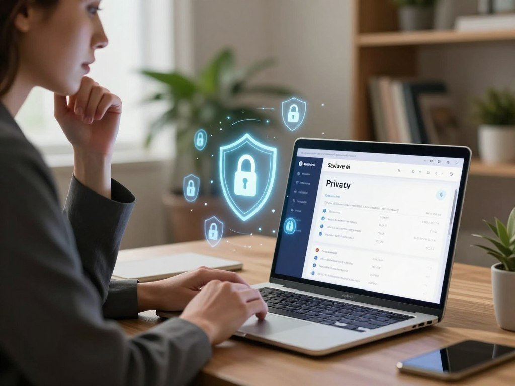 A serene workspace illustrating the theme of privacy and data protection in digital companionship. In the foreground, a modern laptop displays an open application interface of the "Sexlove.ai" platform, showcasing privacy settings and security measures. To the left, a professional-looking individual in business attire, with a thoughtful expression, interacts with the laptop, emphasizing the human element of digital connections. The middle ground features glowing digital icons representing data safety, like locks and shields, softly illuminated. The background presents a cozy, well-lit room with plants and bookshelves, creating a warm atmosphere. The lighting is soft and inviting, casting gentle shadows, while the overall mood conveys trust, security, and the ethical considerations surrounding digital companionship. A clean, polished look enhances the visual message without any text or distractions. - The Ultimate Guide to AI Girlfriends-Sexlove.ai A serene workspace illustrating the theme of privacy and data protection in digital companionship In the foreground a modern laptop displays an open application interface of the Sexloveai platform showcasing privacy settings and security measures To the left a professional looking individual in business attire with a thoughtful expression interacts with the laptop emphasizing the human element of digital connections The middle ground features glowing digital icons representing data safety like locks and shields softly illuminated The background presents a cozy well lit room with plants and bookshelves creating a warm atmosphere The lighting is soft and inviting casting gentle shadows while the overall mood conveys trust security and the ethical considerations surrounding digital companionship A clean polished look enhances the visual message without any text or distractions
