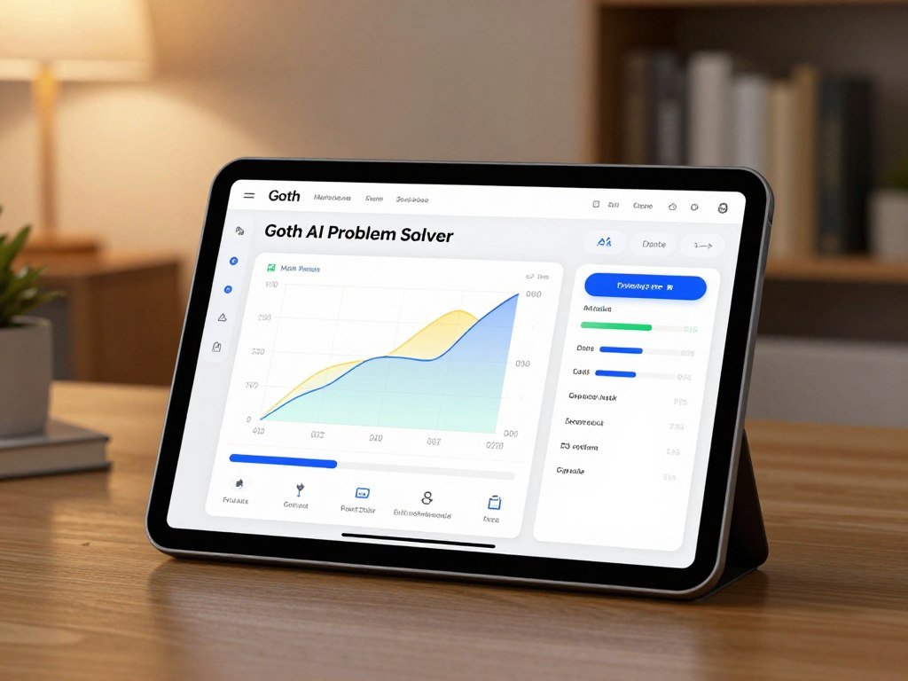 A sleek and modern user interface of the Goth AI Math Problem Solver App displayed on a tablet set against a softly blurred background of a cozy study room with warm wooden tones In the foreground the tablet screen showcases colorful graphs progress bar updates and interactive features that highlight performance enhancements and user experience A warm light source illuminates the tablet creating a subtle glow that adds a sense of innovation and technology The overall atmosphere is inviting yet sophisticated reflecting a balance between advanced technology and user friendly design The scene is devoid of any text or distractions focusing entirely on the apps visual appeal and functionality embodying the essence of fast and accurate math problem solving with a touch of elegance