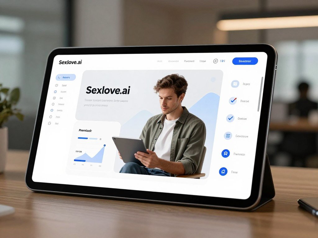 A sleek digital interface representing an AI platform featuring the brand name Sexloveai prominently in the foreground In the center a user is exploring premium features on a modern tablet dressed in smart casual attire with a focused expression highlighting engagement Surrounding the tablet visual elements like graphs checkmarks and icons signify advanced capabilities enhancing the sense of interactivity and sophistication The background is a softly blurred office environment with warm ambient lighting casting a professional yet inviting atmosphere The composition should reflect clarity and innovation with a slight depth of field to emphasize the tablets screen while maintaining a clean and organized aesthetic that denotes user friendly navigation