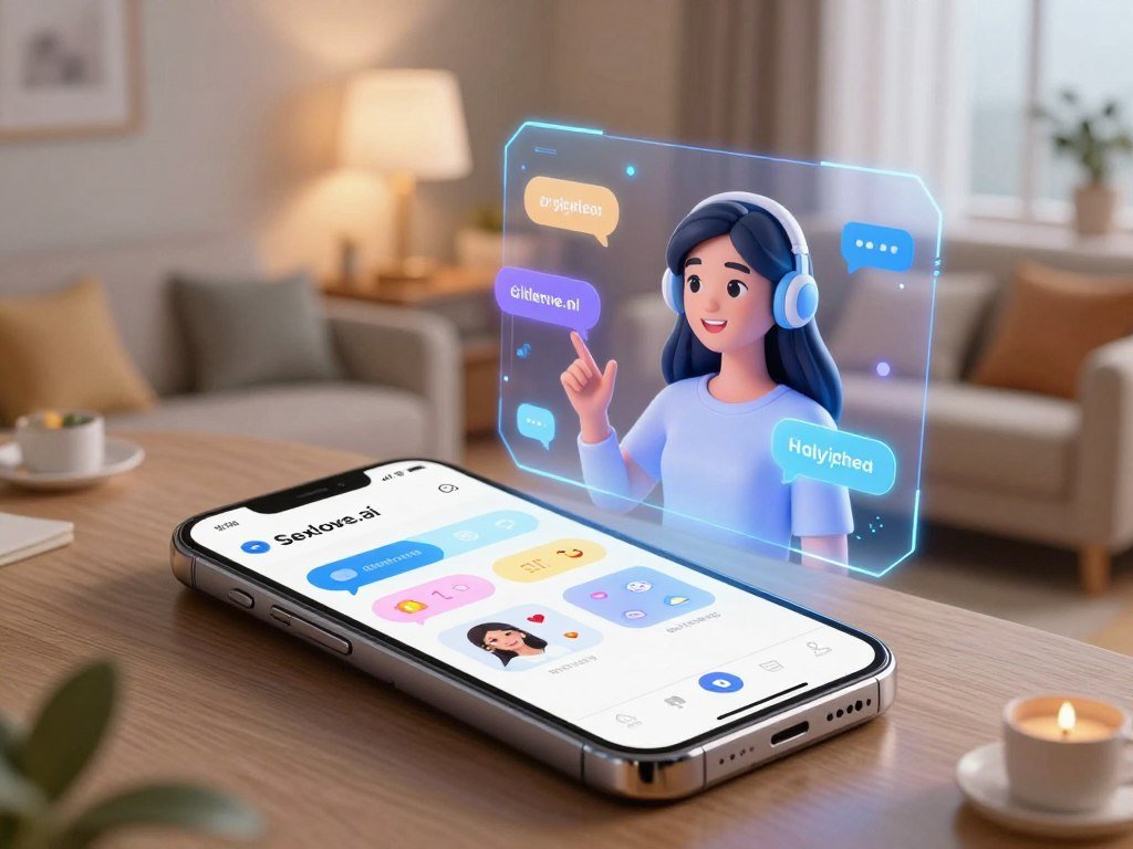 A sleek, futuristic digital interface showcasing the features of an AI girlfriend chat service, branded "Sexlove.ai". In the foreground, an elegant smartphone is displayed with a crystal-clear screen, featuring vibrant icons representing conversation choices, emotion recognition, and customizable avatars. In the middle ground, a dynamic holographic representation of a friendly, approachable digital companion, designed with a modern aesthetic, appears to be engaging with the user. The background is an inviting, cozy virtual living space with soft lighting emanating from various tech elements, creating a warm and friendly atmosphere. The scene is viewed from a slightly elevated angle, giving a sense of intimacy and innovation, emphasizing a playful yet sophisticated mood suitable for friendly and fun conversations. - The Ultimate Guide to AI Girlfriends-Sexlove.ai A sleek futuristic digital interface showcasing the features of an AI girlfriend chat service branded Sexloveai In the foreground an elegant smartphone is displayed with a crystal clear screen featuring vibrant icons representing conversation choices emotion recognition and customizable avatars In the middle ground a dynamic holographic representation of a friendly approachable digital companion designed with a modern aesthetic appears to be engaging with the user The background is an inviting cozy virtual living space with soft lighting emanating from various tech elements creating a warm and friendly atmosphere The scene is viewed from a slightly elevated angle giving a sense of intimacy and innovation emphasizing a playful yet sophisticated mood suitable for friendly and fun conversations