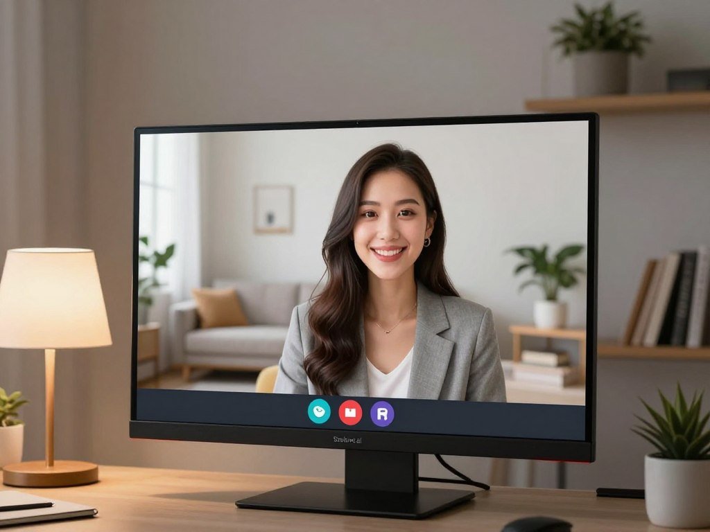 A sleek modern digital interface showcasing an AI girlfriend video chat on a high resolution screen In the foreground a virtual assistant appears as a friendly female avatar with an inviting smile wearing professional casual attire The middle section features a cozy stylish room setup with soft lighting emanating from a desk lamp highlighting the screens vibrant colors In the background soft focus elements of a modern living space such as bookshelves and plants create a relaxed atmosphere The scene is warm and engaging suggesting a comfortable environment for chatting and connection The brand name Sexloveai is subtly integrated into the digital interface design without overt branding The lens is set to a medium shot that captures the essence of virtual interaction