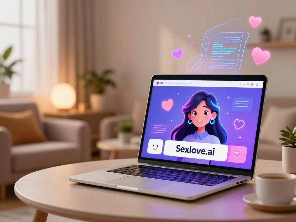 A sleek modern digital landscape showcasing the concept of an AI girlfriend platform titled Sexloveai In the foreground display a stylish modern laptop with a vibrant animated interface depicting a friendly AI character with glowing features and engaging expressions The middle ground should feature a cozy inviting workspace with plush furniture and soft lighting that enhances the atmosphere of connection and comfort In the background abstract elements like flowing digital code and heart motifs should hint at advanced technology and romance Soft warm lighting fills the scene creating a welcoming environment while a slightly blurred depth of field focuses attention on the laptop and its captivating interface The overall mood is positive innovative and engaging perfect for illustrating a tech savvy relationship platform