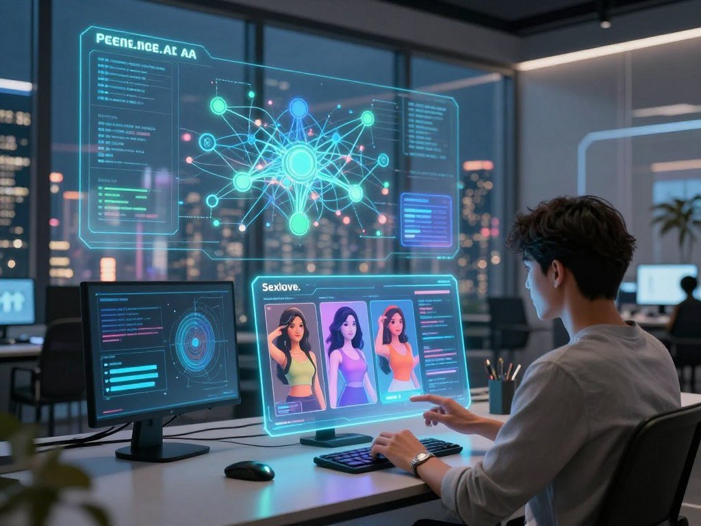 A sleek modern digital workspace illustrating the inner workings of Sexloveais free AI girlfriend generator In the foreground a user interacts with a holographic interface displaying vibrant colorful character designs of virtual partners The middle layer features graphical representations of AI algorithms and neural networks depicted with animated lines and nodes glowing softly in shades of blue and green The background shows a futuristic city skyline through large glass windows filled with soft ambient lighting creating a tech savvy atmosphere The overall mood is optimistic and innovative suggesting the possibilities of virtual companionship Utilize a wide angle lens to capture depth highlighting the dynamic elements of technology and user experience