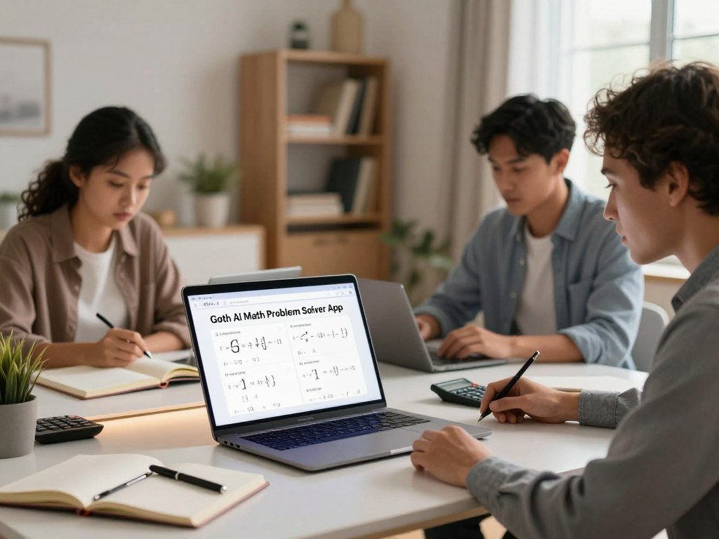 A sleek modern home workspace showcasing the Goth AI Math Problem Solver App interface on a laptop screen surrounded by educational tools like notebooks calculators and a high tech pen In the foreground a diverse group of professionals including a focused young woman in smart casual attire and a dedicated young man in business clothes are engaged in solving math problems together conveying collaboration The middle ground features a stylish desk with ambient lighting emphasizing the app on the laptop The background includes a soft focus bookshelf filled with academic texts and a cozy atmosphere lit by natural light streaming through a window creating a bright innovative mood The overall feel is one of productivity and modernity ideal for highlighting the apps key features