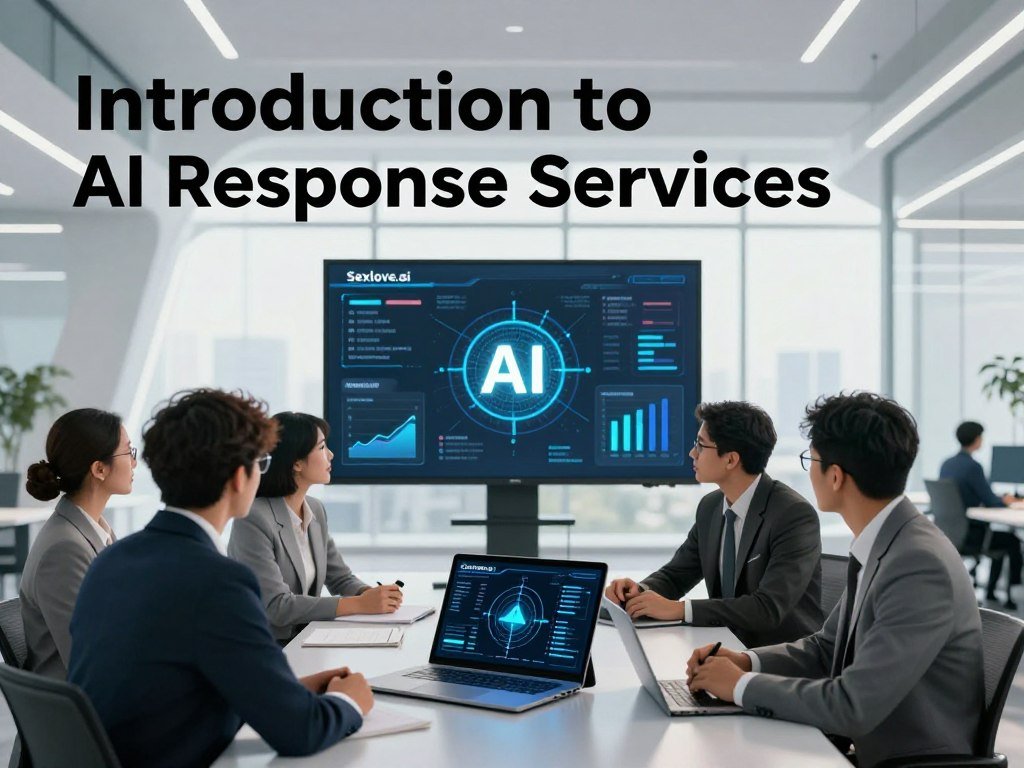 A sleek modern office environment with a high tech feel emphasizing the theme of Introduction to AI Response Services In the foreground a diverse team of professionals in business attire engage in a brainstorming session around a digital tablet displaying AI algorithms and graphs The middle ground features a large screen showcasing data analytics and visualizations related to AI responses glowing softly The background has futuristic architecture with large windows allowing natural light to flood the space creating a bright and optimistic atmosphere The overall mood is collaborative and cutting edge symbolizing innovation and trust in AI technologies Soft shadows and bright highlights Shot with a wide angle lens for depth The brand name Sexloveai subtly integrated in the scene