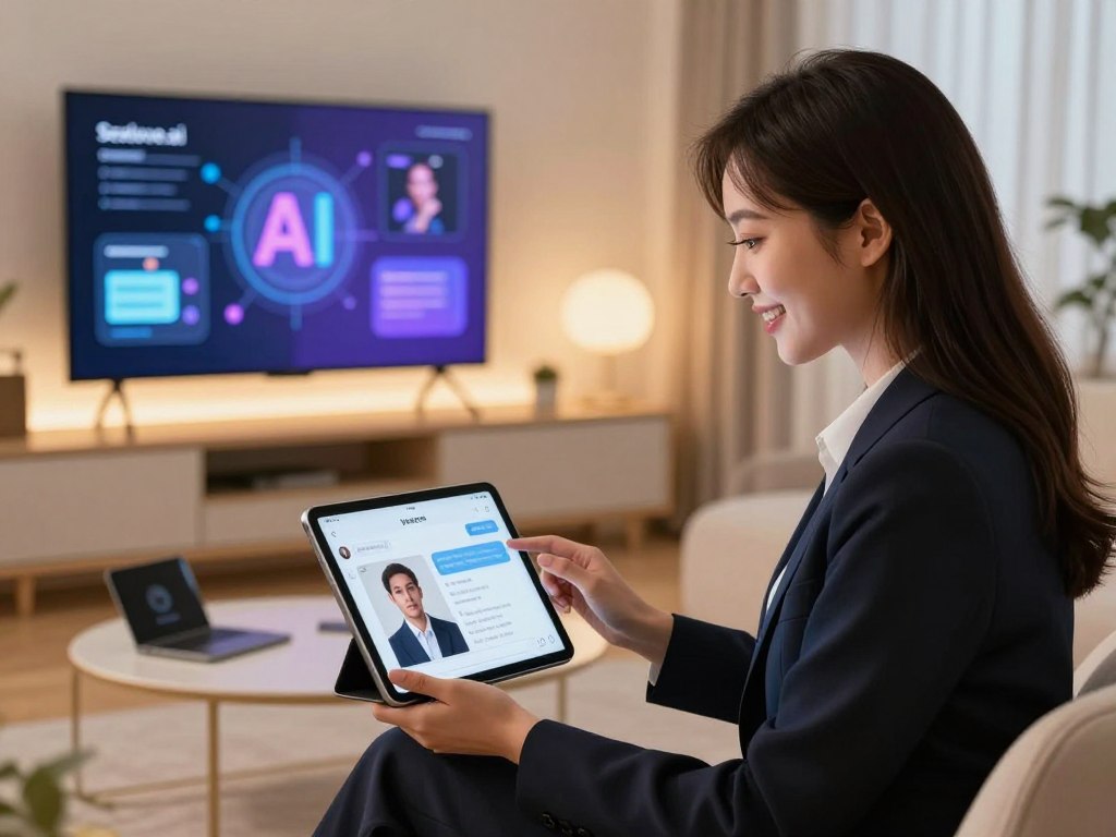 A sleek modern room featuring a virtual female companion in professional business attire, exuding an engaging and friendly demeanor. In the foreground, the AI girlfriend interacts with a tablet showcasing various features like chat, video calls, and personalized avatars. The middle ground displays a comfortable seating area with ambient lighting, soft textures, and tech gadgets scattered around. The background includes a large screen displaying graphics of AI-driven interactions, enhancing the virtual experience theme. Bright, warm lighting creates a welcoming atmosphere, emphasizing the seamless blend of technology and companionship. Capture the essence of the brand "Sexlove.ai" by incorporating elements of innovation and intimacy, all while maintaining a professional and sophisticated aesthetic. - The Ultimate Guide to AI Girlfriends-Sexlove.ai A sleek modern room featuring a virtual female companion in professional business attire exuding an engaging and friendly demeanor In the foreground the AI girlfriend interacts with a tablet showcasing various features like chat video calls and personalized avatars The middle ground displays a comfortable seating area with ambient lighting soft textures and tech gadgets scattered around The background includes a large screen displaying graphics of AI driven interactions enhancing the virtual experience theme Bright warm lighting creates a welcoming atmosphere emphasizing the seamless blend of technology and companionship Capture the essence of the brand Sexloveai by incorporating elements of innovation and intimacy all while maintaining a professional and sophisticated aesthetic