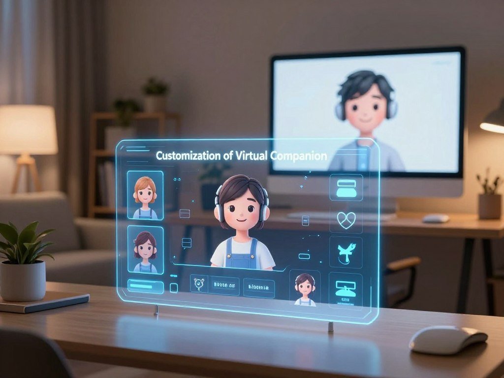 A sleek modern virtual interface showcasing the Customization of Virtual Companion concept In the foreground a dynamic holographic display features various customization options for a friendly AI companion including hairstyles outfits and accessories The middle ground presents a cozy inviting home office environment with elegant furniture and soft ambient lighting exuding warmth and comfort In the background a virtual avatar representation of the customized AI companion is partially visible displaying a friendly and approachable demeanor The atmosphere is one of creativity and personalization with a focus on user interaction and technology Use soft diffused lighting to enhance the inviting mood The visual is set as if viewed through a wide angle lens to capture the depth and detail emphasizing the theme of creating ones ideal virtual companion branded Sexloveai