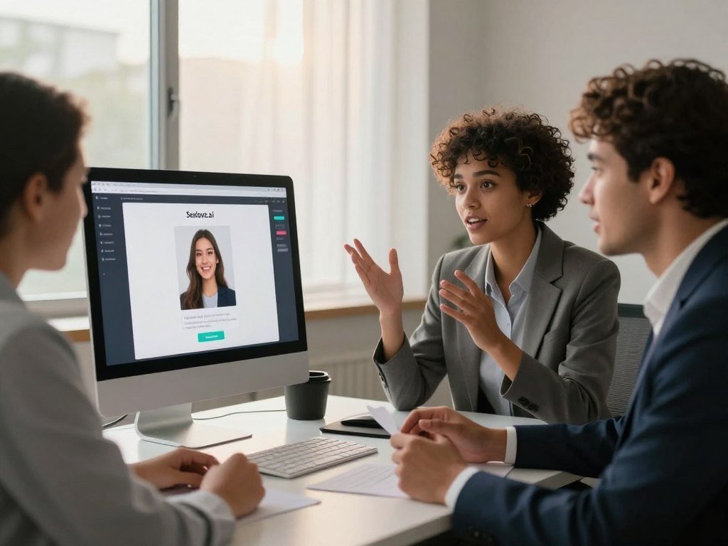 A sleek, modern workspace featuring a high-tech computer screen displaying the interface of the "Sexlove.ai" kissing video generator. In the foreground, a diverse group of three young professionals, dressed in business attire, are engaged in an animated discussion about the application. Their expressions convey excitement and collaboration. The middle ground shows a stylish desk with digital devices and notes, emphasizing innovation and creativity. The background features a large window with soft natural light filtering through sheer curtains, creating a warm and inviting atmosphere. The overall mood is one of inspiration and technological advancement, ideal for understanding the capabilities of the AI kissing video generator service. - The Ultimate Guide to AI Girlfriends-Sexlove.ai A sleek modern workspace featuring a high tech computer screen displaying the interface of the Sexloveai kissing video generator In the foreground a diverse group of three young professionals dressed in business attire are engaged in an animated discussion about the application Their expressions convey excitement and collaboration The middle ground shows a stylish desk with digital devices and notes emphasizing innovation and creativity The background features a large window with soft natural light filtering through sheer curtains creating a warm and inviting atmosphere The overall mood is one of inspiration and technological advancement ideal for understanding the capabilities of the AI kissing video generator service