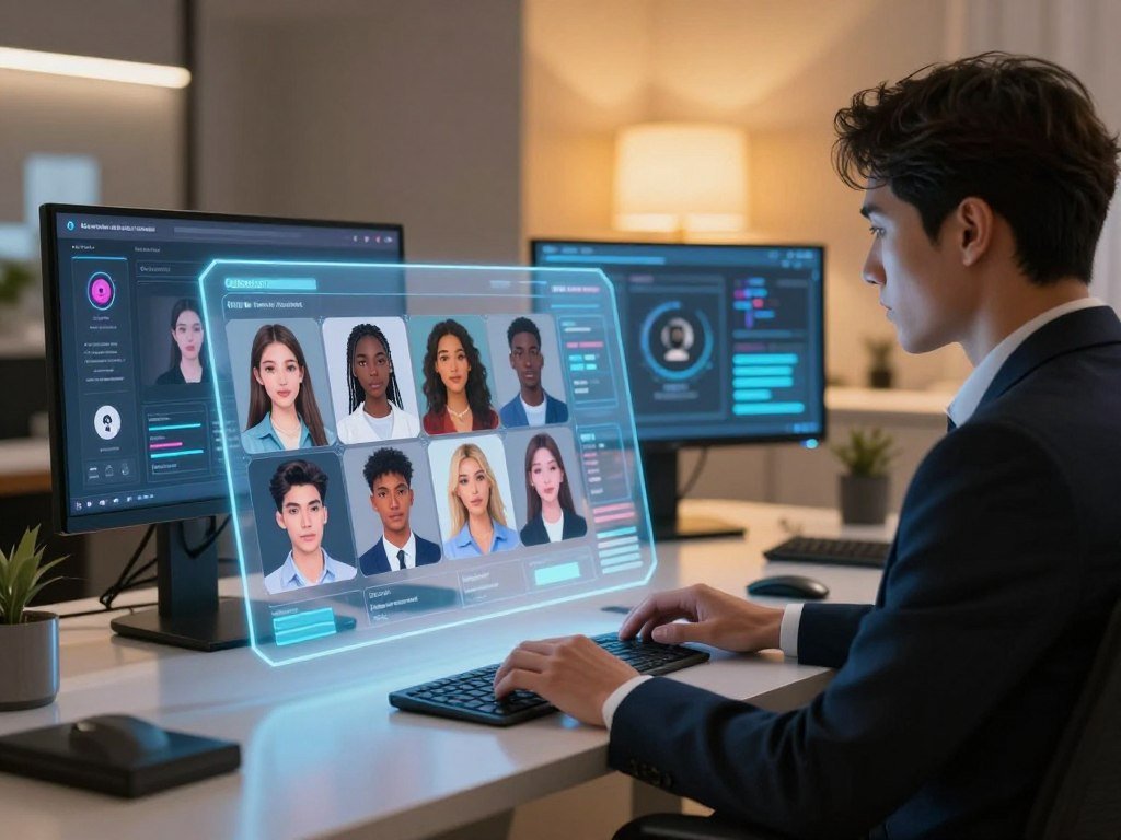 A stylish futuristic room featuring a person in professional business attire seated at a sleek high tech workstation displaying a holographic interface for customizing an ideal virtual partner The foreground highlights vibrant virtual avatars in various styles including diverse skin tones and hairstyles showcasing the customization options In the middle ground details like digital screens interactive elements and user friendly design tutorials create a sense of innovation and creativity The background depicts a warm inviting atmosphere with softly glowing ambient lighting that enhances focus and inspiration The mood conveys excitement and empowerment about personalizing AI companions The image style is clean and modern emphasizing technology and personalization reminiscent of the brand Sexloveai