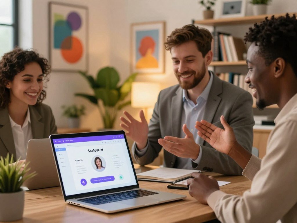 A vibrant and engaging scene depicting a modern digital workspace illuminated by warm ambient lighting. In the foreground, a laptop screen showcases the interface of the AI girlfriend app "Sexlove.ai," featuring user-friendly icons and interactive elements. Beside the laptop, a diverse group of three users—two men and one woman—dressed in professional business attire, enthusiastically discussing their experiences, with smiles and gestures reflecting excitement and satisfaction. The middle ground includes a cozy, well-decorated office space with lush plants and colorful artwork that suggest a creative atmosphere. In the background, a blurred bookshelf filled with technology and relationship books adds depth. The overall mood is positive and inspiring, emphasizing connection and innovation in digital relationships. - The Ultimate Guide to AI Girlfriends-Sexlove.ai A vibrant and engaging scene depicting a modern digital workspace illuminated by warm ambient lighting In the foreground a laptop screen showcases the interface of the AI girlfriend app Sexloveai featuring user friendly icons and interactive elements Beside the laptop a diverse group of three userstwo men and one womandressed in professional business attire enthusiastically discussing their experiences with smiles and gestures reflecting excitement and satisfaction The middle ground includes a cozy well decorated office space with lush plants and colorful artwork that suggest a creative atmosphere In the background a blurred bookshelf filled with technology and relationship books adds depth The overall mood is positive and inspiring emphasizing connection and innovation in digital relationships