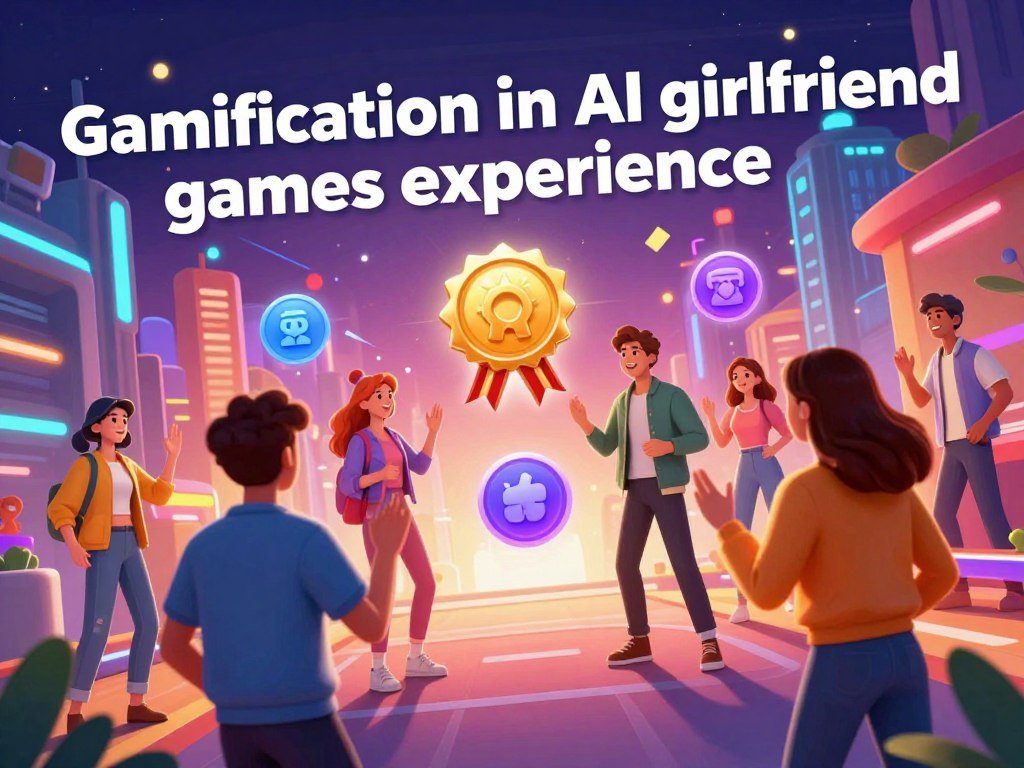A vibrant digital artwork illustrating the concept of "Gamification in AI girlfriend games experience," featuring a colorful and engaging virtual environment. In the foreground, a dynamic scene shows a diverse group of players, male and female, interacting with lifelike AI avatars dressed in contemporary, stylish clothing, representing the engaging characters from the game "Sexlove.ai." The middle ground includes game elements such as floating icons, achievement badges, and interactive decision points. In the background, a futuristic cityscape with vivid lighting creates an immersive atmosphere. The scene is captured with a slight tilt angle to suggest action and involvement, employing warm lighting to evoke excitement and adventure in the role-playing game experience. The overall mood is playful and inviting, showcasing the fun of gamification. - The Ultimate Guide to AI Girlfriends-Sexlove.ai A vibrant digital artwork illustrating the concept of Gamification in AI girlfriend games experience featuring a colorful and engaging virtual environment In the foreground a dynamic scene shows a diverse group of players male and female interacting with lifelike AI avatars dressed in contemporary stylish clothing representing the engaging characters from the game Sexloveai The middle ground includes game elements such as floating icons achievement badges and interactive decision points In the background a futuristic cityscape with vivid lighting creates an immersive atmosphere The scene is captured with a slight tilt angle to suggest action and involvement employing warm lighting to evoke excitement and adventure in the role playing game experience The overall mood is playful and inviting showcasing the fun of gamification