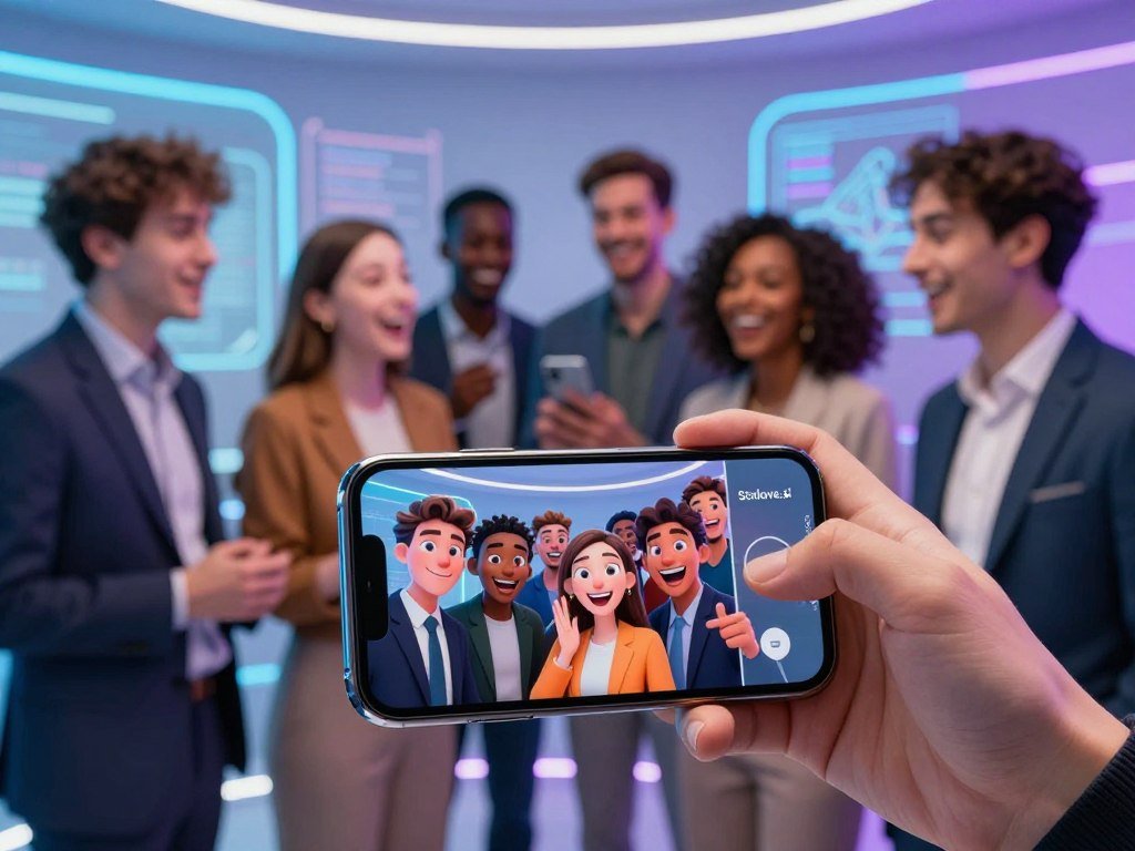 A vibrant, futuristic setting showcasing "AI-generated selfies and voice messages". In the foreground, a sleek smartphone displays a colorful array of selfies featuring animated, friendly faces styled in a modern aesthetic. The middle ground features a diverse group of individuals in professional business attire, laughing and interacting with the smartphone, showcasing joy and curiosity. In the background, a high-tech environment with holographic displays and soft blue and purple lighting enhances the innovative atmosphere. A close-up perspective captures dynamic angles, emphasizing the excitement of AI interactions. The overall mood is cheerful and engaging, reflecting cutting-edge technology from "Sexlove.ai". The scene invites exploration of new communication methods, blending realism with a hint of digital artistry. - The Ultimate Guide to AI Girlfriends-Sexlove.ai A vibrant futuristic setting showcasing AI generated selfies and voice messages In the foreground a sleek smartphone displays a colorful array of selfies featuring animated friendly faces styled in a modern aesthetic The middle ground features a diverse group of individuals in professional business attire laughing and interacting with the smartphone showcasing joy and curiosity In the background a high tech environment with holographic displays and soft blue and purple lighting enhances the innovative atmosphere A close up perspective captures dynamic angles emphasizing the excitement of AI interactions The overall mood is cheerful and engaging reflecting cutting edge technology from Sexloveai The scene invites exploration of new communication methods blending realism with a hint of digital artistry