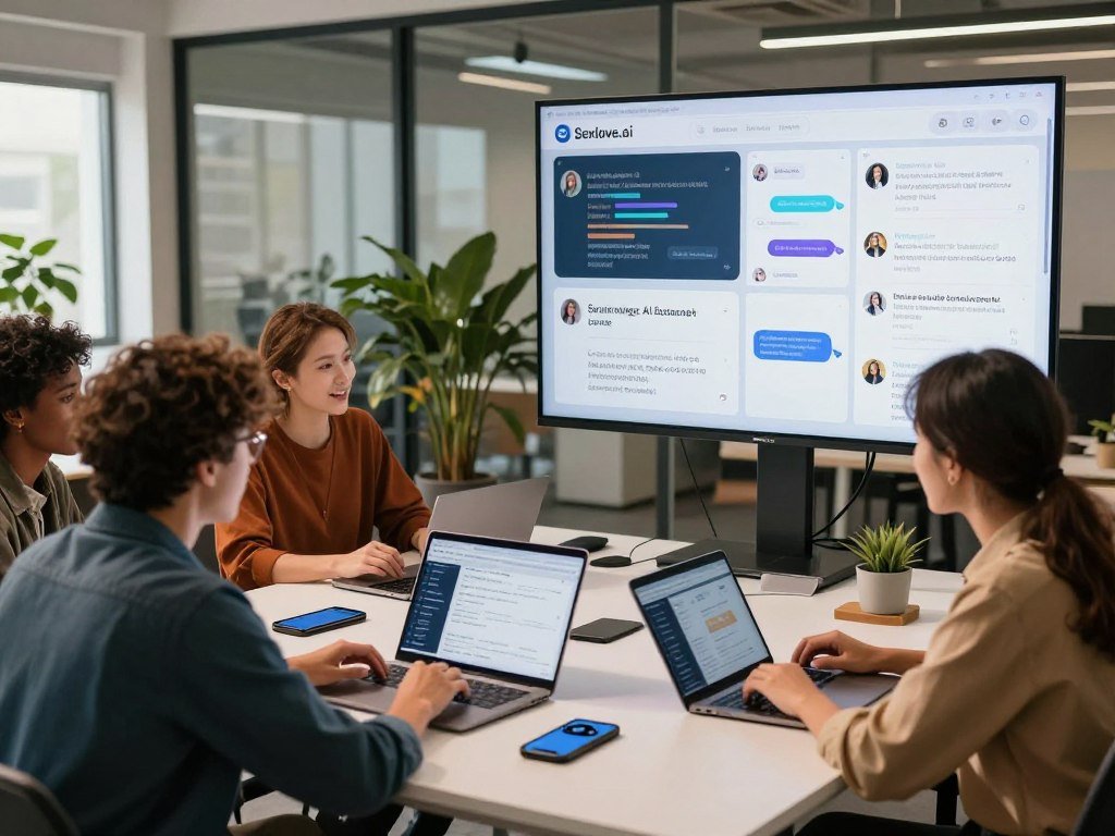 A vibrant workspace depicting real world applications in social media and customer support In the foreground a diverse team of professionals in smart casual attire collaborates at a modern desk filled with laptops tablets and smartphones They engage enthusiastically analyzing data on social media insights The middle ground showcases a large digital screen displaying graphs chat interfaces and customer feedback illustrating AI response analysis by the brand Sexloveai In the background a stylish office space with glass walls and greenery encourages a creative atmosphere illuminated by warm natural light streaming through windows The scene conveys a sense of synergy innovation and the proactive nature of AI in enhancing customer interactions and social media strategies