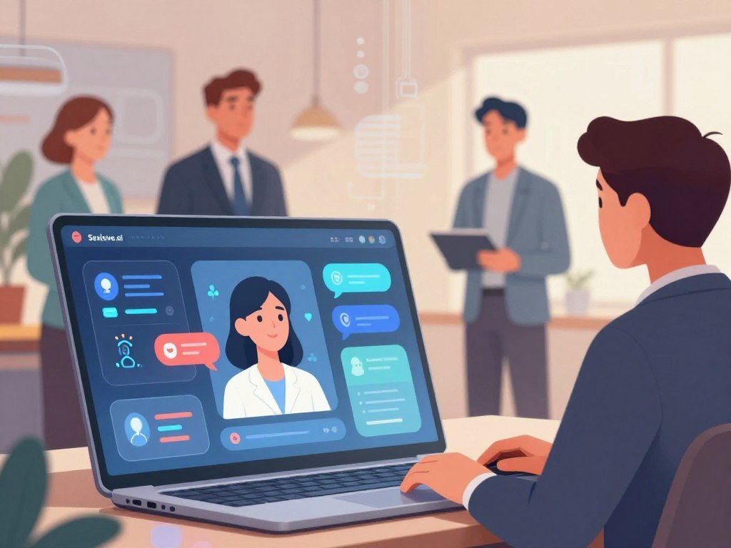 A visually captivating illustration depicting the key features of virtual companions In the foreground showcase a sleek modern digital interface displaying various aspects of AI companions such as communication emotional support and personalization Feature subtle icons representing these functionalities in vibrant colors In the middle ground include diverse human like avatars dressed in professional business attire engaging with the interface symbolizing connection and interaction The background should be a soft focus tech inspired landscape with abstract patterns conveying a sense of innovation and futurism Use soft balanced lighting to create an inviting atmosphere The overall mood should be warm and engaging reflecting hope and companionship Brand name Sexloveai subtly integrated into the design without text overlays