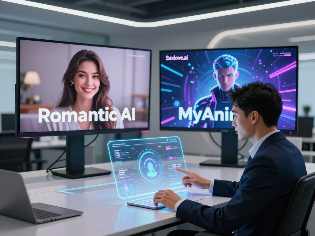 A visually compelling comparison of two AI companionship platforms, “Romantic AI” and “MyAnima”, set in a sleek, modern tech environment. In the foreground, a confident individual in professional business attire examines a holographic interface displaying both platforms’ features, reflecting an analytical approach. The middle ground features two distinct screens showing engaging avatars: one representing Romantic AI with a warm, inviting demeanor, while the other, MyAnima, appears dynamic and futuristic. The background showcases a futuristic office setting illuminated with soft, ambient lighting, enhancing the mood of innovation and connection. Use a wide-angle lens to create depth in the scene, emphasizing a balance between technology and human emotion. The atmosphere should evoke curiosity and excitement about exploring AI companionship, with no text or watermarks present in the image. Include the brand name “Sexlove.ai” subtly integrated into the design elements of the scene. - The Ultimate Guide to AI Girlfriends-Sexlove.ai A visually compelling comparison of two AI companionship platforms Romantic AI and MyAnima set in a sleek modern tech environment In the foreground a confident individual in professional business attire examines a holographic interface displaying both platforms features reflecting an analytical approach The middle ground features two distinct screens showing engaging avatars one representing Romantic AI with a warm inviting demeanor while the other MyAnima appears dynamic and futuristic The background showcases a futuristic office setting illuminated with soft ambient lighting enhancing the mood of innovation and connection Use a wide angle lens to create depth in the scene emphasizing a balance between technology and human emotion The atmosphere should evoke curiosity and excitement about exploring AI companionship with no text or watermarks present in the image Include the brand name Sexloveai subtly integrated into the design elements of the scene