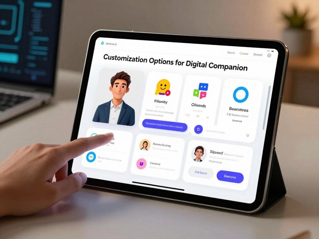 A visually engaging concept for "Customization Options for Digital Companion" featuring an interactive, user-friendly digital interface displayed on a sleek tablet. In the foreground, show a hand selecting various customization features, with vibrant icons representing personality traits, appearance adjustments, and conversational styles. In the middle ground, include a detailed view of the tablet screen showcasing a personalized avatar for the AI companion, designed with a friendly yet professional appearance, wearing smart casual clothing. The background should be a modern, tech-inspired workspace with soft lighting to create a warm, inviting atmosphere. Use a slight depth of field to emphasize the tablet and options, creating a balanced composition. The scene reflects innovation and connection, highlighting the brand "Sexlove.ai" in unobtrusive visual elements. - The Ultimate Guide to AI Girlfriends-Sexlove.ai A visually engaging concept for Customization Options for Digital Companion featuring an interactive user friendly digital interface displayed on a sleek tablet In the foreground show a hand selecting various customization features with vibrant icons representing personality traits appearance adjustments and conversational styles In the middle ground include a detailed view of the tablet screen showcasing a personalized avatar for the AI companion designed with a friendly yet professional appearance wearing smart casual clothing The background should be a modern tech inspired workspace with soft lighting to create a warm inviting atmosphere Use a slight depth of field to emphasize the tablet and options creating a balanced composition The scene reflects innovation and connection highlighting the brand Sexloveai in unobtrusive visual elements