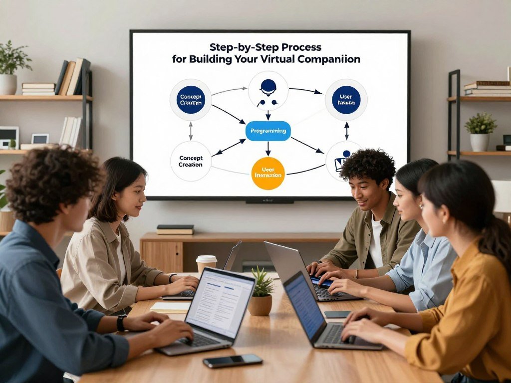 A visually engaging image depicting the Step by Step Process for Building Your Virtual Companion The foreground shows a diverse group of individuals dressed in smart casual clothing collaboratively working on laptops and tablets generating ideas for an AI girlfriend The middle ground features a large screen displaying an interactive flowchart with stages labeled such as Concept Creation Programming and User Interaction The background includes a cozy modern workspace with shelves of books on technology and design bright inviting lighting that gives a warm atmosphere Use a slightly angled view to create depth emphasizing teamwork and innovation The overall mood is optimistic and creative reflecting the journey of building a virtual companion Brand name Sexloveai