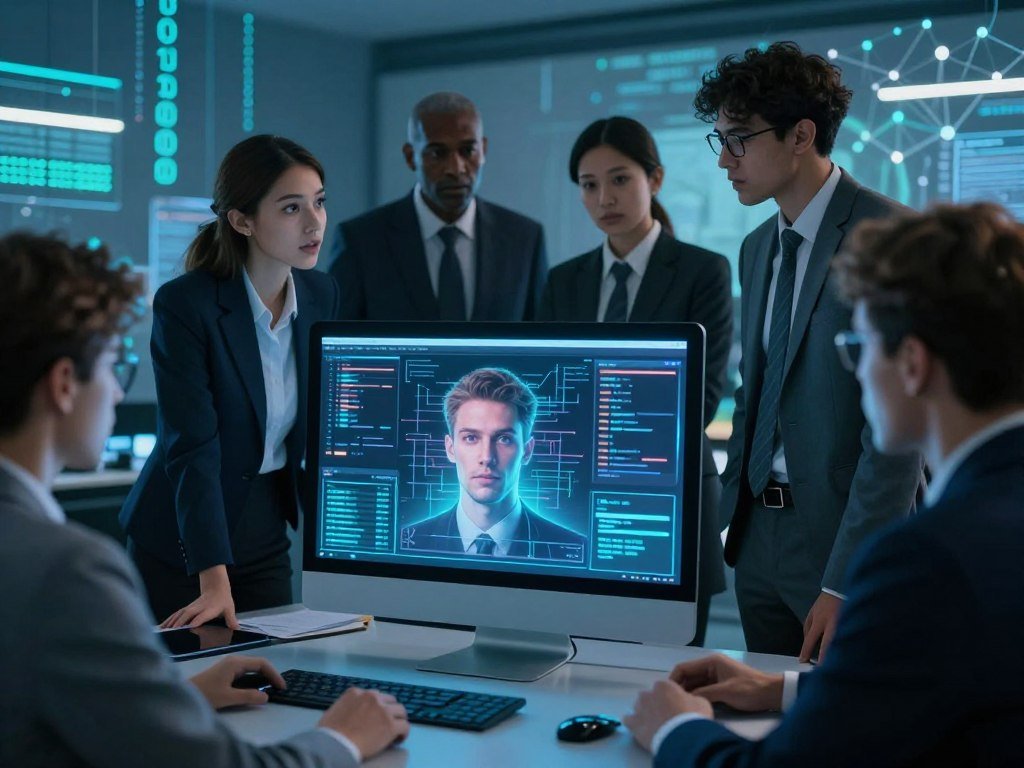 A visually engaging overview of deepfake technology, showcasing a high-tech workspace. In the foreground, display a sleek, modern computer with a holographic interface illustrating a human face being manipulated using deepfake software. In the middle ground, include a diverse group of professionals in business attire observing the screen, discussing the technology with expressions of intrigue and curiosity. The background should feature abstract digital graphics, such as binary code and neural network patterns, suggesting a complex technological environment. Utilize cool blue and green lighting to create a futuristic, tech-savvy atmosphere, while ensuring a balanced composition that draws attention to the central display. The lens should emulate a slightly wide-angle perspective to encapsulate the dynamism of the setting. A visually engaging overview of deepfake technology, showcasing a high-tech workspace. In the foreground, display a sleek, modern computer with a holographic interface illustrating a human face being manipulated using deepfake software. In the middle ground, include a diverse group of professionals in business attire observing the screen, discussing the technology with expressions of intrigue and curiosity. The background should feature abstract digital graphics, such as binary code and neural network patterns, suggesting a complex technological environment. Utilize cool blue and green lighting to create a futuristic, tech-savvy atmosphere, while ensuring a balanced composition that draws attention to the central display. The lens should emulate a slightly wide-angle perspective to encapsulate the dynamism of the setting.