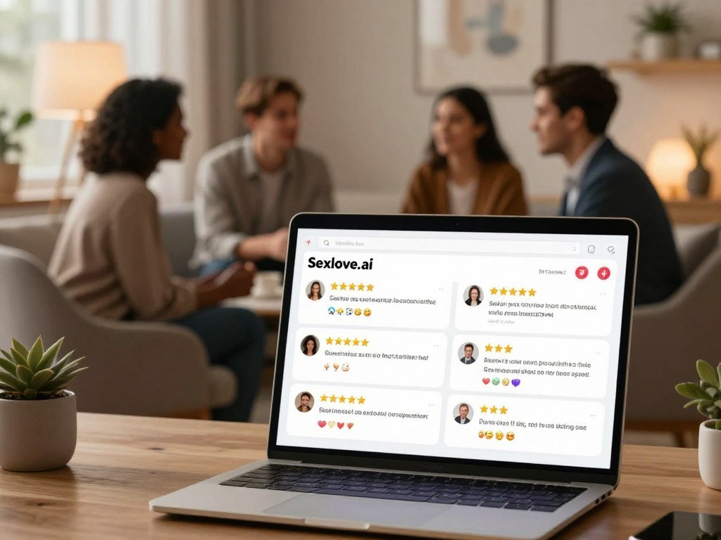 A visually engaging scene depicting user reviews and testimonials for Sexloveai showcasing a digital environment that inspires connection and companionship In the foreground a sleek desktop or laptop screen displays colorful and engaging review snippets with star ratings and emoticons emphasizing positive user experiences The middle ground features a soft focus image of a diverse group of people dressed in professional business attire or modest casual clothing engaging in thoughtful discussion about their AI companionship experiences In the background a cozy inviting room filled with warm ambient lighting and modern decor evokes a sense of comfort and emotional warmth The overall mood should be uplifting and optimistic with a focus on the positive impact of AI companionship captured with a slightly blurred depth of field to accentuate the foreground elements
