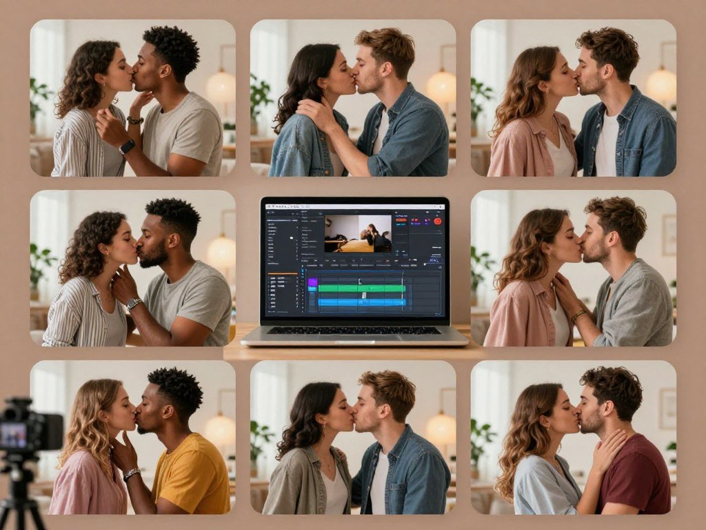 A visually engaging step by step guide illustration for creating a kissing video presented in an organized layout In the foreground showcase a diverse group of two couples depicted in modest casual clothing demonstrating various stages of the video creation process The couples should be engaged in fun lighthearted interactions with one showing how to frame a shot another adjusting a camera while the third is practicing their kiss The middle ground features a laptop displaying the editing software interface with highlighted sections showcasing editing tools The background should include a cozy well lit living room setting with soft warm lighting to evoke a welcoming atmosphere Use a narrow depth of field to draw focus on the subjects while softly blurring the surroundings The scene conveys a joyful creative vibe suitable for an instructional guide by Sexloveai