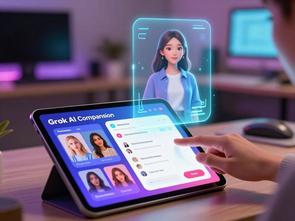 A visually striking concept of "Grok AI Companion Customization," showcasing a futuristic interface that radiates with vibrant colors and engaging design elements. In the foreground, a sleek digital tablet displays various customization options, including personality traits and appearance settings that can be adjusted using touch gestures. The middle ground features a soft, luminous hologram of a virtual girlfriend, depicted as a friendly and approachable figure, dressed in modest, stylish attire. In the background, a modern workspace with subtle ambient lighting enhances the technological feel, with a cozy atmosphere suggesting innovation and interaction. The lens perspective captures the scene from a slight angle, emphasizing the depth and interactivity of the digital customization process. The mood is uplifting, fostering creativity and personalized engagement with the AI companion, enhancing the overall experience of users seeking a tailored interaction with Sexlove.ai. - The Ultimate Guide to AI Girlfriends-Sexlove.ai A visually striking concept of Grok AI Companion Customization showcasing a futuristic interface that radiates with vibrant colors and engaging design elements In the foreground a sleek digital tablet displays various customization options including personality traits and appearance settings that can be adjusted using touch gestures The middle ground features a soft luminous hologram of a virtual girlfriend depicted as a friendly and approachable figure dressed in modest stylish attire In the background a modern workspace with subtle ambient lighting enhances the technological feel with a cozy atmosphere suggesting innovation and interaction The lens perspective captures the scene from a slight angle emphasizing the depth and interactivity of the digital customization process The mood is uplifting fostering creativity and personalized engagement with the AI companion enhancing the overall experience of users seeking a tailored interaction with Sexloveai