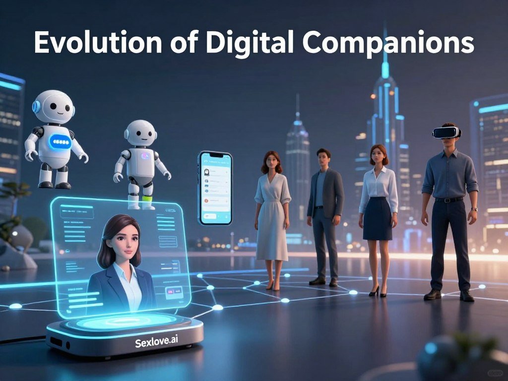 A visually striking representation of the "Evolution of Digital Companions," showcasing a progression from simple digital avatars to advanced AI companions. In the foreground, feature a sleek, modern AI interface like "Sexlove.ai," with a glowing holographic display of an interactive avatar, designed in professional attire. The middle ground should depict various stages of digital companions, including early chatbots, simple mobile apps, and sophisticated virtual reality experiences, all connected via a digital network. In the background, illustrate a futuristic cityscape, symbolizing technological advancement and human connection. Soft, ambient lighting enhances the mood, highlighting the emotional bond between humans and their digital counterparts. Use a wide-angle lens to capture the expanse of this evolution, creating an immersive atmosphere that inspires a sense of wonder and curiosity. - The Ultimate Guide to AI Girlfriends-Sexlove.ai A visually striking representation of the Evolution of Digital Companions showcasing a progression from simple digital avatars to advanced AI companions In the foreground feature a sleek modern AI interface like Sexloveai with a glowing holographic display of an interactive avatar designed in professional attire The middle ground should depict various stages of digital companions including early chatbots simple mobile apps and sophisticated virtual reality experiences all connected via a digital network In the background illustrate a futuristic cityscape symbolizing technological advancement and human connection Soft ambient lighting enhances the mood highlighting the emotional bond between humans and their digital counterparts Use a wide angle lens to capture the expanse of this evolution creating an immersive atmosphere that inspires a sense of wonder and curiosity