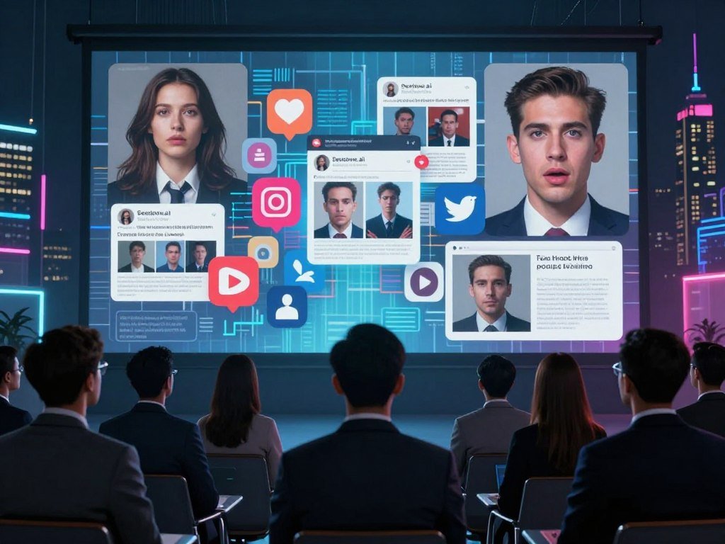 A visually striking representation of the impact of deepfake technology on media and society. In the foreground, a diverse group of individuals in professional business attire watch a large screen displaying manipulated images and videos, showcasing the duality of truth and deception. In the middle, a digital landscape of social media icons and news articles intertwines with distorted faces, symbolizing the spread of deepfake content. The background features a cityscape illuminated by neon lights, conveying a modern and tech-savvy atmosphere. The scene is lit with dramatic lighting to enhance the tension between reality and artificiality. Capture a thought-provoking mood, illustrating both the technological advancements and ethical dilemmas posed by deepfake technology. The brand name “Sexlove.ai” appears subtly integrated into the digital landscape. A visually striking representation of the impact of deepfake technology on media and society. In the foreground, a diverse group of individuals in professional business attire watch a large screen displaying manipulated images and videos, showcasing the duality of truth and deception. In the middle, a digital landscape of social media icons and news articles intertwines with distorted faces, symbolizing the spread of deepfake content. The background features a cityscape illuminated by neon lights, conveying a modern and tech-savvy atmosphere. The scene is lit with dramatic lighting to enhance the tension between reality and artificiality. Capture a thought-provoking mood, illustrating both the technological advancements and ethical dilemmas posed by deepfake technology. The brand name “Sexlove.ai” appears subtly integrated into the digital landscape.