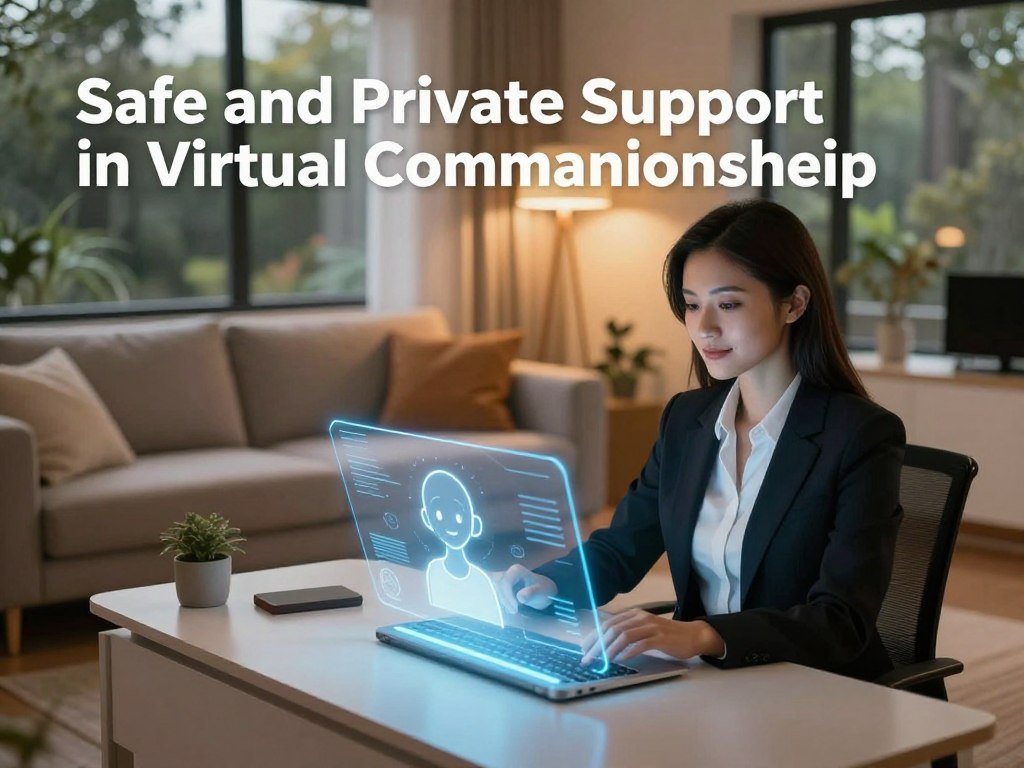 A warm and inviting virtual environment that embodies "Safe and Private Support in Virtual Companionship," featuring a serene room with soft ambient lighting. In the foreground, a confident woman dressed in professional business attire sits at a sleek modern desk, engaged with a holographic interface displaying a friendly AI companion. The middle ground includes a cozy sofa with plush cushions, creating a welcoming space. The background reveals calming virtual nature scenes through large windows, instilling a sense of tranquility. The lighting is soft and enhances the feeling of intimacy and comfort, while the angle is slightly above eye level to provide an inclusive perspective. The overall mood is supportive, safe, and accessible, reflecting the essence of modern companionship offered by "Sexlove.ai." - The Ultimate Guide to AI Girlfriends-Sexlove.ai A warm and inviting virtual environment that embodies Safe and Private Support in Virtual Companionship featuring a serene room with soft ambient lighting In the foreground a confident woman dressed in professional business attire sits at a sleek modern desk engaged with a holographic interface displaying a friendly AI companion The middle ground includes a cozy sofa with plush cushions creating a welcoming space The background reveals calming virtual nature scenes through large windows instilling a sense of tranquility The lighting is soft and enhances the feeling of intimacy and comfort while the angle is slightly above eye level to provide an inclusive perspective The overall mood is supportive safe and accessible reflecting the essence of modern companionship offered by Sexloveai