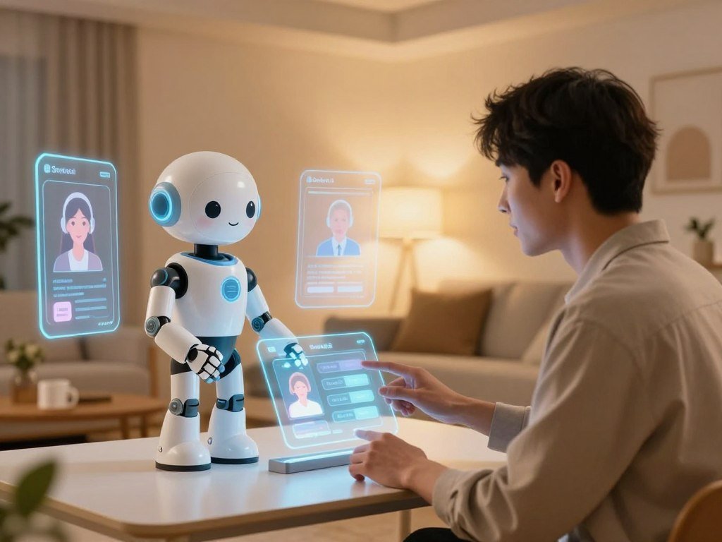 A warm, inviting scene showcasing a customizable AI companion experience. In the foreground, a friendly, humanoid AI character, elegantly dressed in casual, modern attire, is engaging with a user at a sleek, high-tech interface. The user, a young adult in smart casual clothing, looks intrigued and comfortable, interacting with the digital display that shows various personalization options. In the middle ground, soft ambient lighting creates a cozy atmosphere, highlighting interactive elements like holographic display panels and customizable avatars. The background features a contemporary, minimalist living space with soft colors, stylish furniture, and gentle lighting, evoking a sense of connection and warmth. The overall mood should feel inviting and futuristic, embodying the essence of a real connection with an AI companion. The brand name "Sexlove.ai" should be subtly represented in the design elements. - The Ultimate Guide to AI Girlfriends-Sexlove.ai A warm inviting scene showcasing a customizable AI companion experience In the foreground a friendly humanoid AI character elegantly dressed in casual modern attire is engaging with a user at a sleek high tech interface The user a young adult in smart casual clothing looks intrigued and comfortable interacting with the digital display that shows various personalization options In the middle ground soft ambient lighting creates a cozy atmosphere highlighting interactive elements like holographic display panels and customizable avatars The background features a contemporary minimalist living space with soft colors stylish furniture and gentle lighting evoking a sense of connection and warmth The overall mood should feel inviting and futuristic embodying the essence of a real connection with an AI companion The brand name Sexloveai should be subtly represented in the design elements