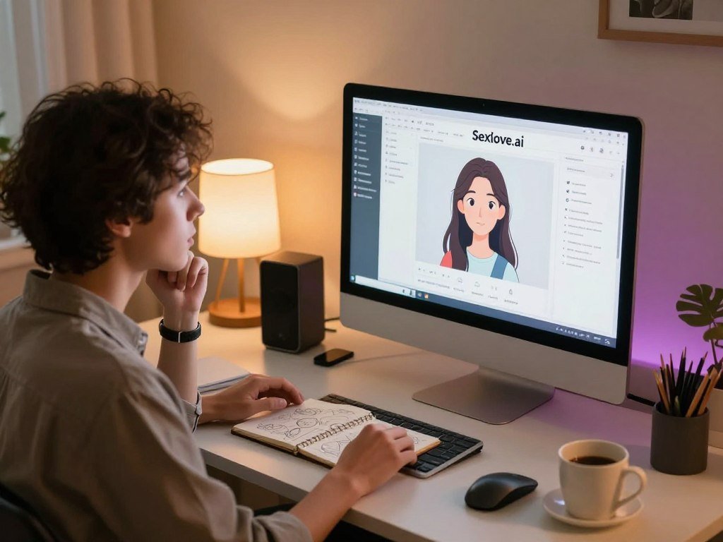 A warm inviting workspace showcasing a computer screen displaying a design interface for creating an AI girlfriend labeled Sexloveai In the foreground a thoughtful person wearing smart casual attire is intently examining the screen with a look of curiosity and wonder In the middle ground a stylish desk is adorned with tech gadgets a notebook filled with sketches and a soft coffee cup exuding an atmosphere of innovation and creativity The background features soft ambient lighting that casts a warm glow accentuating the modern decor of the room The angle captures the essence of exploration and learning creating a friendly and approachable vibe for beginners diving into the concept of AI relationships