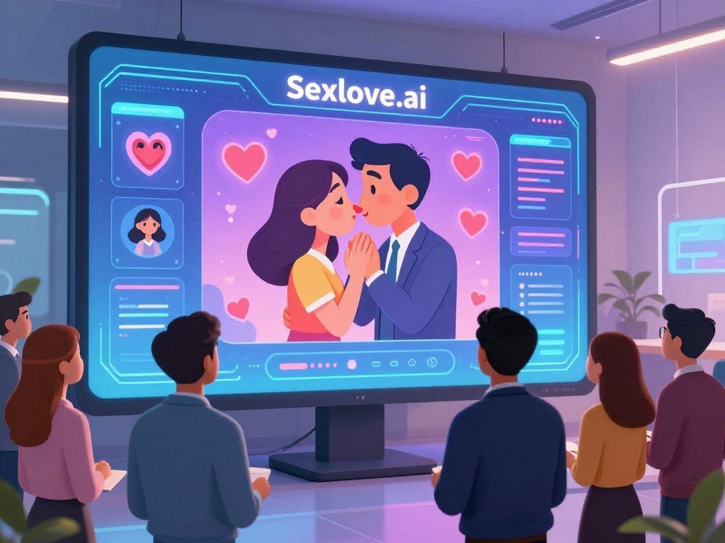 A whimsical colorful illustration depicting an AI kissing generator in action showcasing a sleek futuristic interface on a large screen In the foreground a diverse group of professionals dressed in smart business attire eagerly observe the display with expressions of amusement and curiosity The middle layer features the glowing interface of Sexloveai displaying animated heart symbols and digital avatars engaged in affectionate gestures capturing the essence of romantic entertainment The background is a modern tech themed office space with soft ambient lighting highlighting the high tech atmosphere The mood should feel light hearted and innovative symbolizing the excitement of a new era in romantic entertainment Use a wide angle lens for a dynamic perspective that emphasizes both the technology and the engaged observers