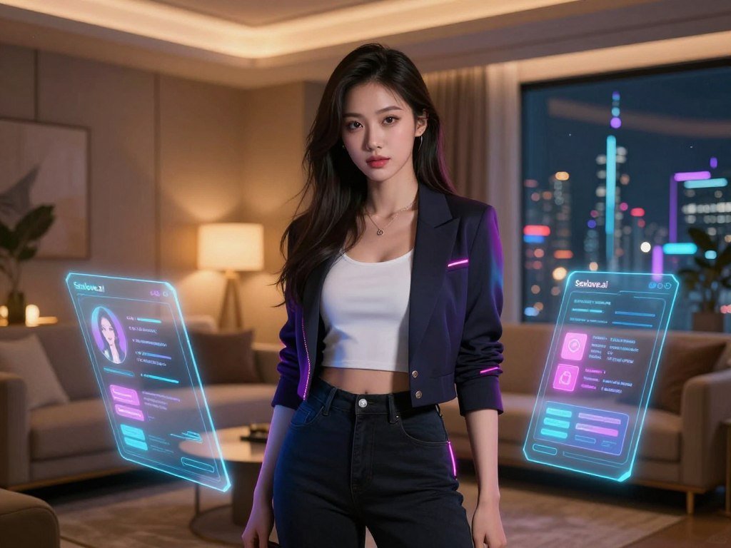 An AI girlfriend character designed for customization and personalization standing centrally in the image She has an elegant appearance featuring a sleek futuristic look with vibrant neon accents Her outfit is a stylish blend of modest casual and chic professional attire showcasing her versatility In the foreground there are digital interfaces and holographic menus floating around her illustrating options for customizing her appearance and personality The middle ground features a cozy warmly lit room with modern furnishings setting a welcoming atmosphere In the background a futuristic cityscape is visible through a large window hinting at advanced technology Soft ambient lighting enhances the mood creating a sense of intimacy and connection Include the brand name Sexloveai subtly integrated into the environment
