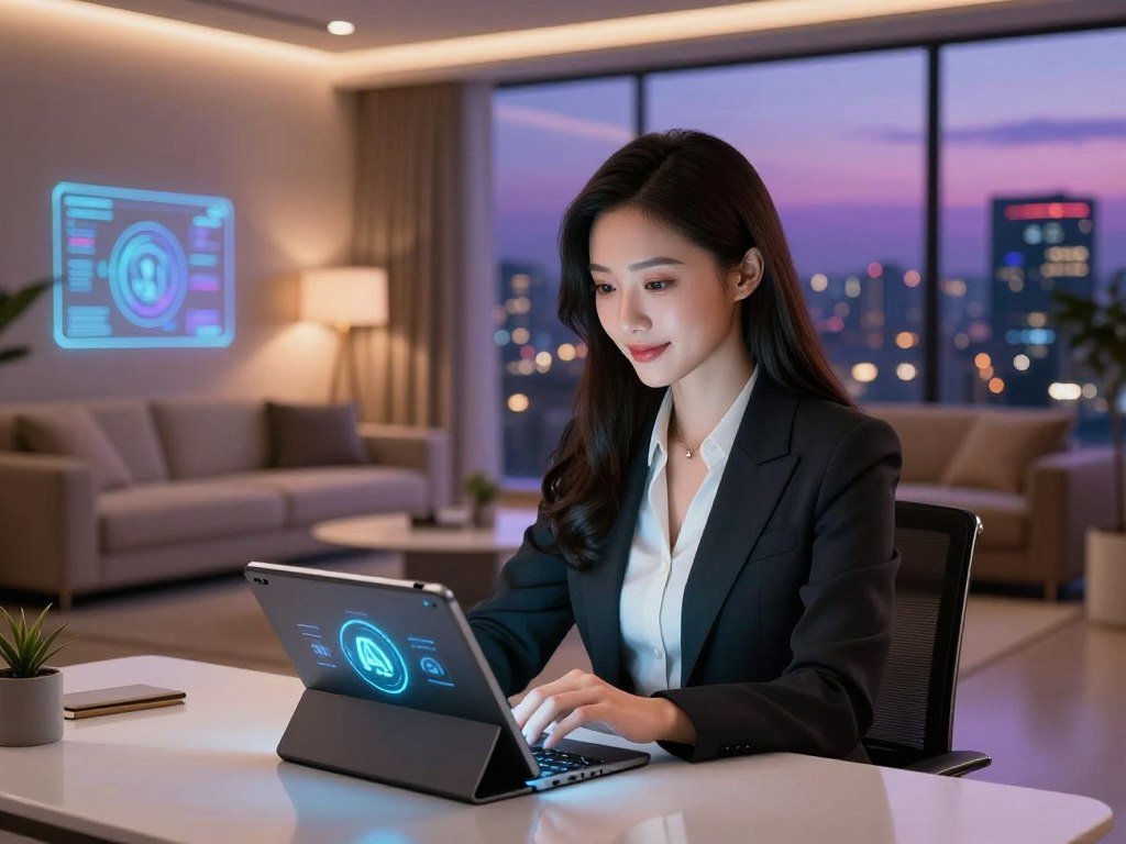 An AI virtual companion designed as a stylish, sophisticated female figure, embodying a warm and inviting demeanor. She is dressed in chic, professional attire, exuding confidence and approachability. In the foreground, she sits comfortably at a modern, sleek desk with a futuristic tablet in hand, showcasing interactive AI features. The middle ground features a cozy, futuristic living room with soft, ambient lighting and holographic displays, hinting at advanced technology. The background offers a panoramic view of a vibrant, digital cityscape at dusk, bathed in twilight hues of purple and blue. The scene conveys a sense of companionship and innovation, inviting the viewer into the world of AI companionship. The image should evoke a feeling of warmth and connection, while highlighting the brand "Sexlove.ai" subtly integrated into the design elements. - The Ultimate Guide to AI Girlfriends-Sexlove.ai An AI virtual companion designed as a stylish sophisticated female figure embodying a warm and inviting demeanor She is dressed in chic professional attire exuding confidence and approachability In the foreground she sits comfortably at a modern sleek desk with a futuristic tablet in hand showcasing interactive AI features The middle ground features a cozy futuristic living room with soft ambient lighting and holographic displays hinting at advanced technology The background offers a panoramic view of a vibrant digital cityscape at dusk bathed in twilight hues of purple and blue The scene conveys a sense of companionship and innovation inviting the viewer into the world of AI companionship The image should evoke a feeling of warmth and connection while highlighting the brand Sexloveai subtly integrated into the design elements