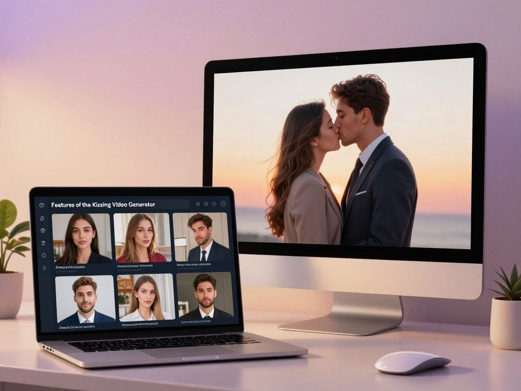 An innovative digital workspace showcasing the "Features of the Kissing Video Generator" by Sexlove.ai. In the foreground, a sleek, modern interface illustrates various features like realistic facial animations, customizable romantic settings, and AI-driven emotion recognition. In the middle, a computer screen displays a high-definition preview of a romantic clip featuring two characters in professional business attire, sharing a gentle kiss against a visually stunning backdrop. The background features soft gradients of pastel colors, enhancing the romantic atmosphere with warm lighting emanating from the screen, creating a cozy, inviting mood. Use a wide-angle lens to capture the depth of the workspace, ensuring the focus is on the screen while maintaining a harmonious blend of surroundings. - The Ultimate Guide to AI Girlfriends-Sexlove.ai An innovative digital workspace showcasing the Features of the Kissing Video Generator by Sexloveai In the foreground a sleek modern interface illustrates various features like realistic facial animations customizable romantic settings and AI driven emotion recognition In the middle a computer screen displays a high definition preview of a romantic clip featuring two characters in professional business attire sharing a gentle kiss against a visually stunning backdrop The background features soft gradients of pastel colors enhancing the romantic atmosphere with warm lighting emanating from the screen creating a cozy inviting mood Use a wide angle lens to capture the depth of the workspace ensuring the focus is on the screen while maintaining a harmonious blend of surroundings