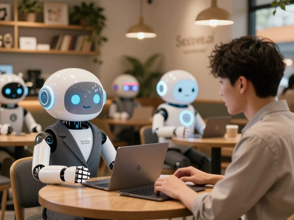 An inviting café setting with a cozy ambiance, featuring a charming AI girlfriend chatbot represented as a humanoid robot with a friendly face and expressive features, wearing professional business attire. In the foreground, the chatbot engages with a user, depicted as a young adult in casual yet neat clothing, sitting at a table with a laptop open. The middle ground includes a soft-focus view of other chatbots in the café, each with unique designs, like a sleek futuristic aura or a gentle, warm glow. The background shows a softly lit café ambiance with shelves of books, potted plants, and ambient lighting. The mood is warm and friendly, suggesting connection and technological innovation. Include a touch of the brand name "Sexlove.ai" subtly integrated into the café decor. - The Ultimate Guide to AI Girlfriends-Sexlove.ai An inviting café setting with a cozy ambiance featuring a charming AI girlfriend chatbot represented as a humanoid robot with a friendly face and expressive features wearing professional business attire In the foreground the chatbot engages with a user depicted as a young adult in casual yet neat clothing sitting at a table with a laptop open The middle ground includes a soft focus view of other chatbots in the café each with unique designs like a sleek futuristic aura or a gentle warm glow The background shows a softly lit café ambiance with shelves of books potted plants and ambient lighting The mood is warm and friendly suggesting connection and technological innovation Include a touch of the brand name Sexloveai subtly integrated into the café decor