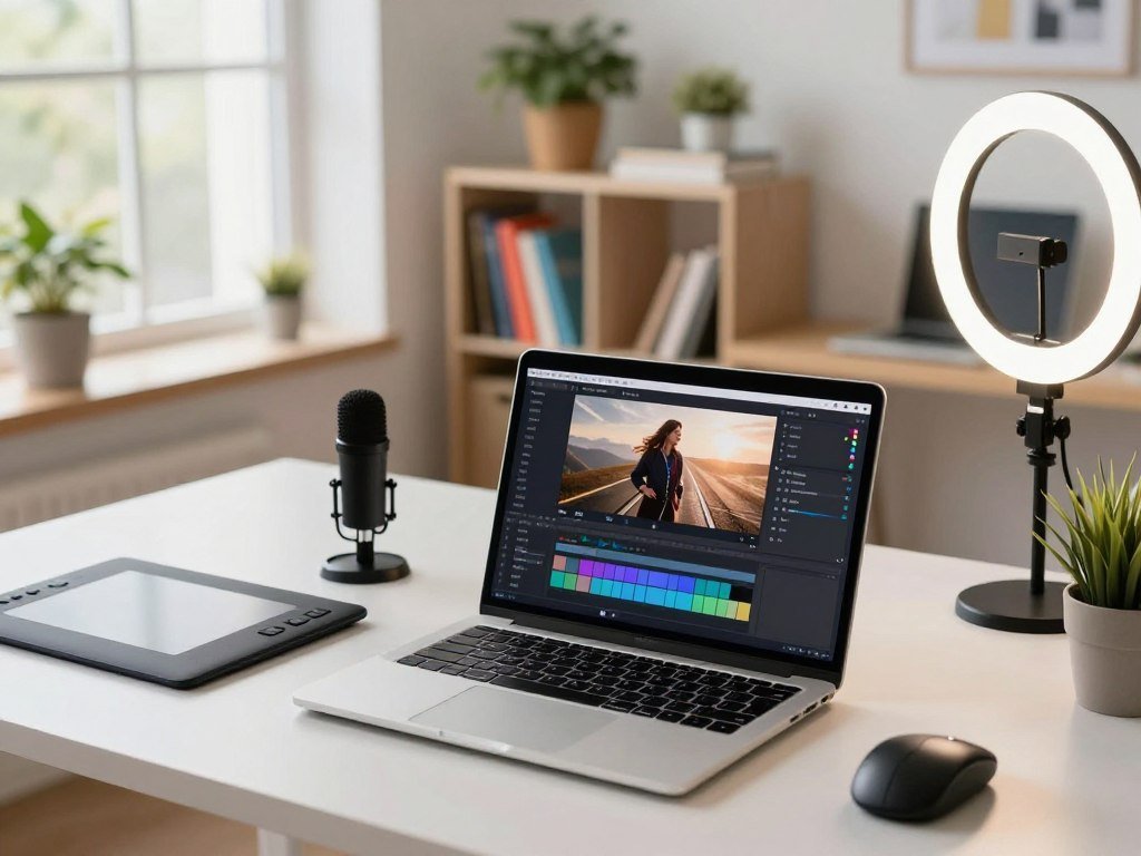 Create an image showcasing innovative video tools focused on AI-generated content. In the foreground, display a sleek, modern laptop with a high-definition screen showing an interface of video editing software. Surround the laptop with various tools like a digital drawing tablet, a microphone, and LED ring lights to emphasize creativity and technology. In the middle ground, include soft-focus elements like a vibrant bookshelf filled with video production books and potted plants to add warmth. The background should feature a stylish, minimalistic workspace with large windows allowing natural sunlight to illuminate the scene, creating an inviting and inspiring atmosphere. Employ a slightly elevated angle to capture the full depth of the workspace. The overall mood should convey innovation and productivity, representing the power of free AI-generated videos. - The Ultimate Guide to AI Girlfriends-Sexlove.ai Create an image showcasing innovative video tools focused on AI generated content In the foreground display a sleek modern laptop with a high definition screen showing an interface of video editing software Surround the laptop with various tools like a digital drawing tablet a microphone and LED ring lights to emphasize creativity and technology In the middle ground include soft focus elements like a vibrant bookshelf filled with video production books and potted plants to add warmth The background should feature a stylish minimalistic workspace with large windows allowing natural sunlight to illuminate the scene creating an inviting and inspiring atmosphere Employ a slightly elevated angle to capture the full depth of the workspace The overall mood should convey innovation and productivity representing the power of free AI generated videos