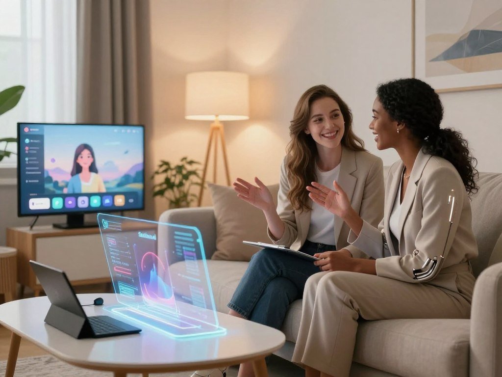 Futuristic AI girlfriend characters displayed in a cozy well lit virtual room emphasizing personalization and companionship In the foreground two diverse female characters with friendly expressions dressed in stylish business casual attire sitting together on a plush sofa sharing an engaging moment One character has metallic accents on her outfit hinting at her AI nature In the middle ground a sleek coffee table with holographic elements and devices showcasing interactive apps for customizing AI personalities The background features soft ambient lighting with digital artwork of serene landscapes creating a warm and inviting atmosphere Use a soft focus lens effect to enhance the cozy ambiance capturing the essence of connection and innovation Incorporate the brand name Sexloveai subtly in the design elements