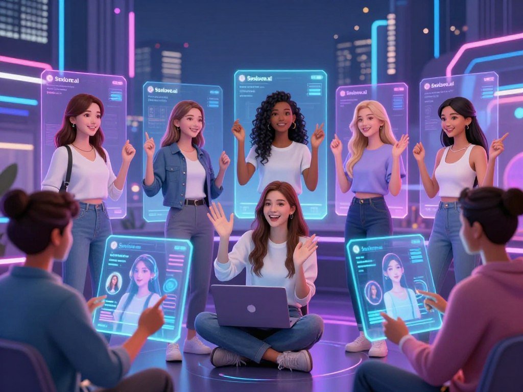 In a vibrant, futuristic digital dating landscape, depict a stylized virtual interface showcasing various AI girlfriend simulators. In the foreground, feature a diverse group of users, both men and women, engaged with holographic displays, wearing casual yet modern clothing. In the middle, focus on elegant avatars representing diverse AI girlfriends, each with distinct appearances and attributes, interacting playfully with the users. In the background, illustrate a sleek, high-tech cityscape illuminated by neon lights, symbolizing the digital world. Use soft, ambient lighting to create an inviting and optimistic atmosphere, while a slight bokeh effect blurs the distant city. Capture a sense of connection, fun, and companionship, with sleek designs and a modern aesthetic, emphasizing the brand "Sexlove.ai" throughout the scene. - The Ultimate Guide to AI Girlfriends-Sexlove.ai In a vibrant futuristic digital dating landscape depict a stylized virtual interface showcasing various AI girlfriend simulators In the foreground feature a diverse group of users both men and women engaged with holographic displays wearing casual yet modern clothing In the middle focus on elegant avatars representing diverse AI girlfriends each with distinct appearances and attributes interacting playfully with the users In the background illustrate a sleek high tech cityscape illuminated by neon lights symbolizing the digital world Use soft ambient lighting to create an inviting and optimistic atmosphere while a slight bokeh effect blurs the distant city Capture a sense of connection fun and companionship with sleek designs and a modern aesthetic emphasizing the brand Sexloveai throughout the scene
