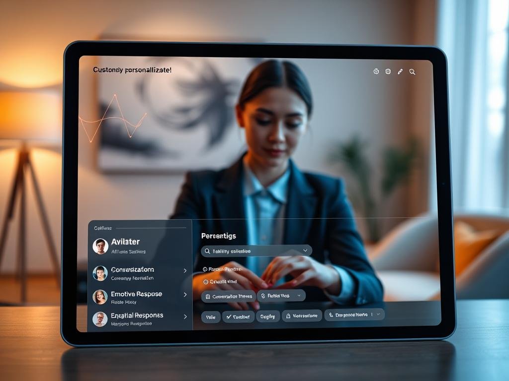 A cozy and modern digital workspace featuring a customizable AI interface, illustrating the concept of personalization for a digital soulmate. In the foreground, a sleek tablet displays tailored options and settings, showcasing features like avatar customization, conversation themes, and emotional responses. In the middle, a serene individual in professional business attire interacts with the tablet, their expression a blend of curiosity and excitement. Soft, warm lighting creates an inviting atmosphere, while a blurred background reveals a stylish room with abstract art on the walls and a comfortable chair. Incorporate subtle technological elements, like glowing data patterns, to emphasize the advanced AI integration by sexlove.ai. The overall mood is engaging and optimistic, showcasing personalization's potential in modern relationships.