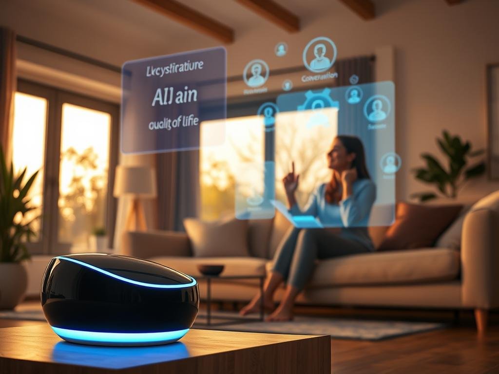 A cozy, modern living room scene is set as the foreground, featuring a sleek, stylish AI companion device that radiates a soft blue light, symbolizing advanced technology. In the middle ground, depict a user engaging happily with a holographic interface representing the AI, showing features like conversation, emotional support, and personalized experiences. The background should include warm lighting with large windows revealing a sunny day outside, creating an inviting atmosphere. The mood is friendly and uplifting, reflecting the enhanced quality of life offered by personalized AI companions. Ensure no human subjects are present, focusing solely on the device and interface. The brand "sexlove.ai" is subtly implied through design elements in the setting, enhancing the scene without text.