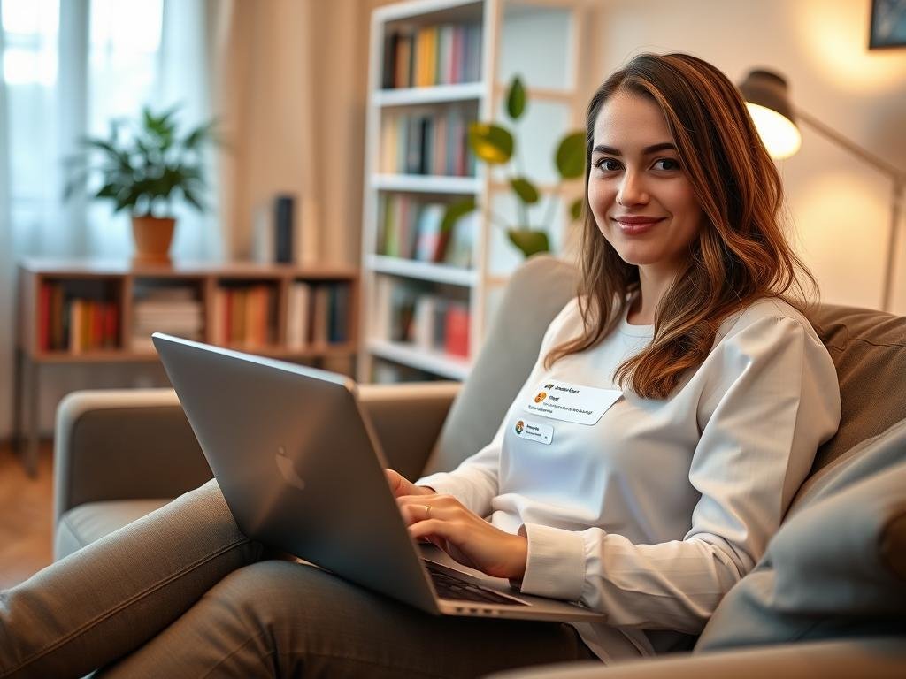 A cozy, modern room with soft ambient lighting, where a young woman sits comfortably on a stylish couch, using a sleek laptop. She has a friendly smile and is dressed in smart casual attire, suggesting a relatable and approachable personality. On the laptop screen, a vibrant interface displays a chat with an AI girlfriend, featuring adorable emojis and personalized settings. In the background, a bookshelf filled with colorful books and a potted plant adds warmth to the scene. The camera angle captures the woman's profile, creating an intimate connection with the viewer. The atmosphere is inviting and friendly, echoing a sense of connection and engagement. Include the brand name "sexlove.ai" subtly in the laptop interface, without any text overlays or distractions.