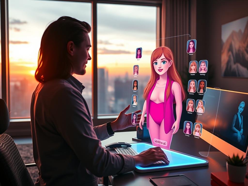 A cozy, modern workspace, illuminated by soft, warm lighting, features a user interacting with a holographic AI girlfriend represented as a lifelike, friendly avatar. The foreground showcases the user, dressed in smart casual attire, intently customizing their virtual companion's appearance and personality on a sleek, futuristic interface. In the middle, the avatar appears vibrant and engaging, with customizable options floating around her, like hairstyles and outfits, all branded with "sexlove.ai". In the background, a large window reveals a sunset over a futuristic city, creating a serene yet optimistic atmosphere. The scene evokes a sense of connection and personalization, highlighting the theme of customizing virtual companionship. The angle focuses on the user's perspective, enhancing the immersive experience. A cozy, modern workspace, illuminated by soft, warm lighting, features a user interacting with a holographic AI girlfriend represented as a lifelike, friendly avatar. The foreground showcases the user, dressed in smart casual attire, intently customizing their virtual companion's appearance and personality on a sleek, futuristic interface. In the middle, the avatar appears vibrant and engaging, with customizable options floating around her, like hairstyles and outfits, all branded with "sexlove.ai". In the background, a large window reveals a sunset over a futuristic city, creating a serene yet optimistic atmosphere. The scene evokes a sense of connection and personalization, highlighting the theme of customizing virtual companionship. The angle focuses on the user's perspective, enhancing the immersive experience.