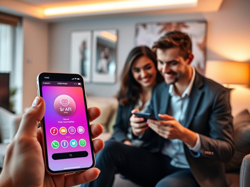 A digital interface showcasing the "AI girlfriend app experience" from sexlove.ai. In the foreground, a sleek smartphone displays an interactive, user-friendly app interface with vibrant colors, featuring a virtual companion interface. The middle ground includes a modern living room setting, with a young professional person, dressed in smart casual attire, engaging with the app, looking intrigued and happy. The background has soft, ambient lighting with hints of warm colors, creating a cozy atmosphere. The overall mood is friendly and inviting, suggesting a blend of technology and companionship. Use a wide-angle lens for a dynamic perspective, highlighting the user experience with a slightly blurred depth of field for emphasis.