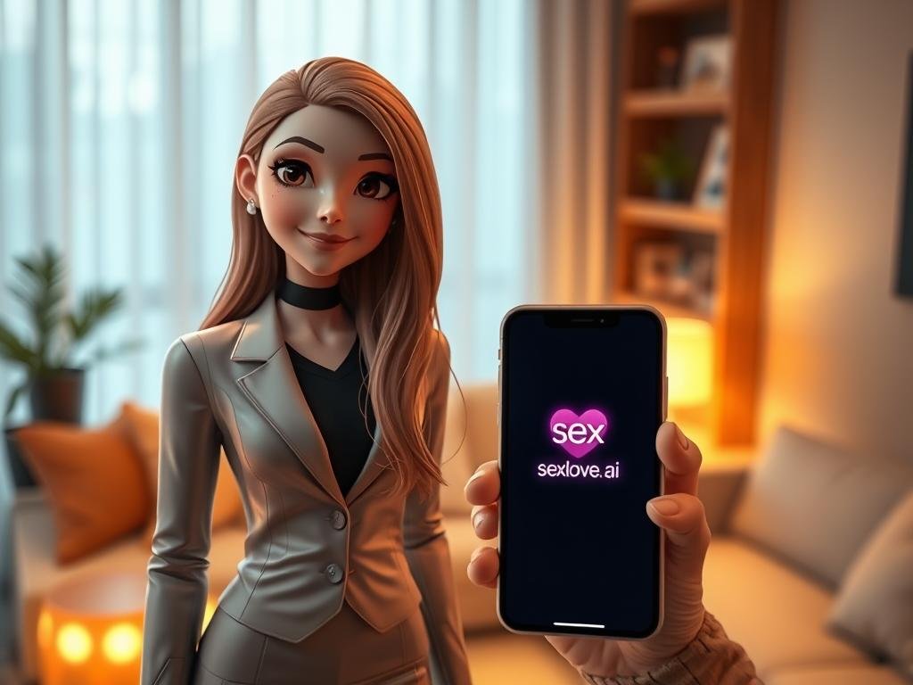A friendly, futuristic AI girlfriend character stands on the left, embodying a blend of realistic and stylized features, with warm, inviting facial expressions. She has long, flowing hair and is dressed in professional business attire. On the right, a sleek smartphone displays the icon for "sexlove.ai," glowing gently to symbolize connectivity. The background features a cozy, modern living room setting with soft, ambient lighting that enhances the welcoming atmosphere. The scene is captured in a warm color palette, creating a sense of comfort and intimacy. The angle is slightly above eye-level, allowing for an engaging view of the character and the device while focusing on their interaction. The mood conveys excitement and curiosity about exploring virtual companionship.