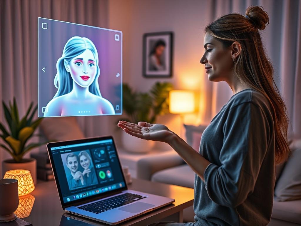 A futuristic, cozy home office setting featuring a woman interacting with a holographic girlfriend AI chatbot projection. The foreground shows the woman in modest casual clothing, with an engaging expression, gently reaching out to the hologram that displays a friendly avatar with vibrant colors and an expressive face. In the middle ground, a sleek laptop displays the interface of the app "sexlove.ai," while advanced technology like smart lighting casts a warm glow. The background includes soft furnishings, plants, and ambient lighting, creating a relaxed atmosphere. The overall mood is intimate and inviting, highlighting the innovative blend of technology and human companionship in the girlfriend AI chatbot experience.