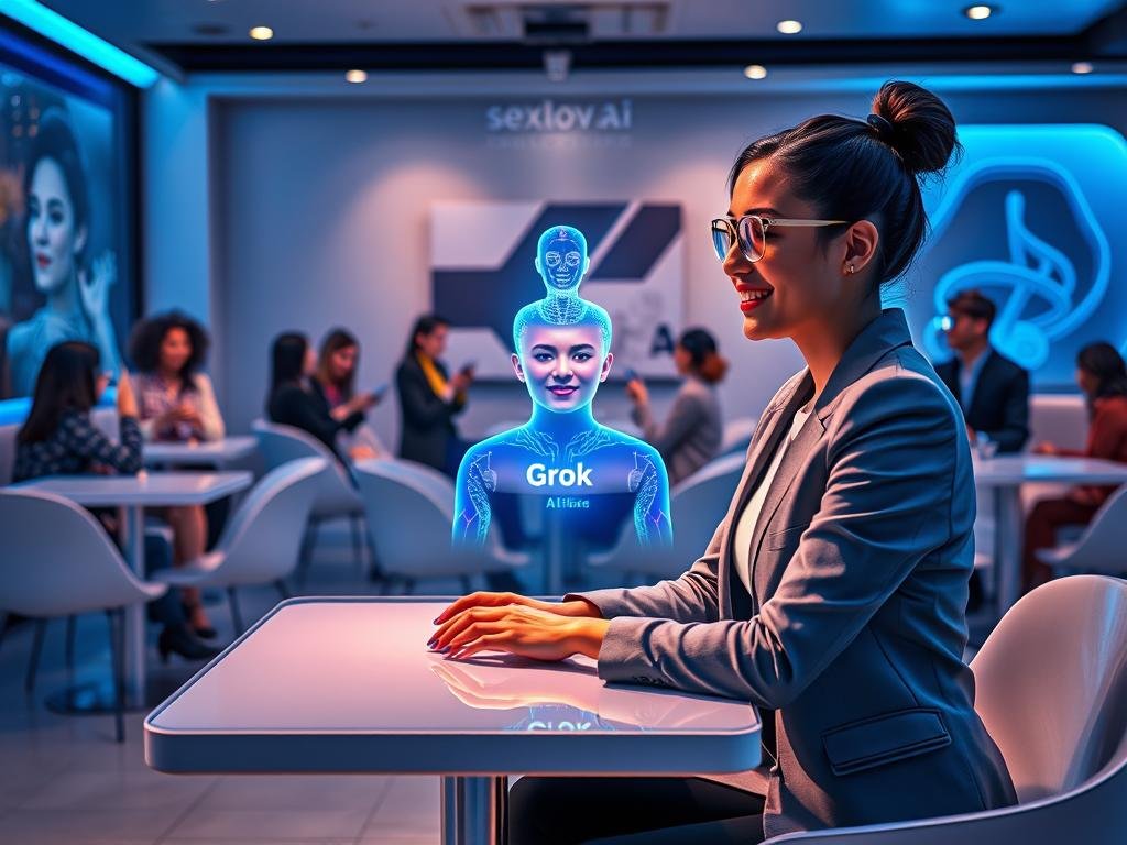 A futuristic digital cafe setting, showcasing a sleek virtual interface that bridges human and AI interaction. In the foreground, a friendly, professional woman in smart casual attire is seated at a modern table, engaging with an advanced holographic AI representation of "Grok AI Girlfriend." The AI figure displays vibrant colors and dynamic expressions, symbolizing meaningful connections. In the middle ground, diverse groups of people connect through augmented reality devices, exchanging warm smiles and ideas. The background features a cozy yet high-tech environment with soft blue lighting and abstract digital art, creating an inviting atmosphere. The scene conveys a sense of innovation and community, emphasizing the theme of leveraging advanced features to foster genuine connections. The brand name "sexlove.ai" is subtly integrated into the digital interface. A futuristic digital cafe setting, showcasing a sleek virtual interface that bridges human and AI interaction. In the foreground, a friendly, professional woman in smart casual attire is seated at a modern table, engaging with an advanced holographic AI representation of "Grok AI Girlfriend." The AI figure displays vibrant colors and dynamic expressions, symbolizing meaningful connections. In the middle ground, diverse groups of people connect through augmented reality devices, exchanging warm smiles and ideas. The background features a cozy yet high-tech environment with soft blue lighting and abstract digital art, creating an inviting atmosphere. The scene conveys a sense of innovation and community, emphasizing the theme of leveraging advanced features to foster genuine connections. The brand name "sexlove.ai" is subtly integrated into the digital interface.