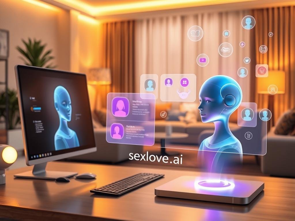 A futuristic digital companionship scene illustrating key features and innovative technologies. In the foreground, a sleek, modern desktop setup shows a holographic AI assistant, glowing softly with a friendly, approachable interface. The middle ground features vibrant interactive screens showcasing personality traits and conversation capabilities, complemented by floating, abstract icons representing emotions and connection. In the background, a warm, inviting room with stylish furniture and ambient lighting creates a cozy atmosphere. The scene should evoke a sense of partnership and support, highlighting the advanced technology of digital companionship. Capture with a soft focus lens, warm lighting, and a slightly tilted angle to enhance the inviting mood. Include the brand name "sexlove.ai" subtly visible in the interface.